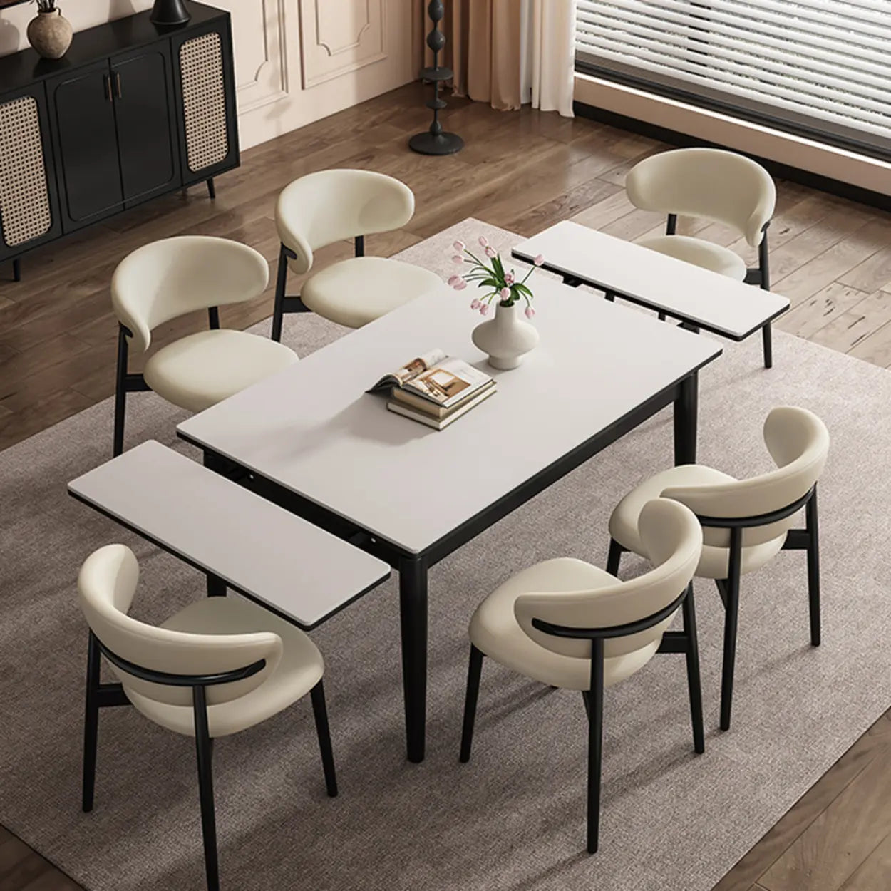 Minimalist Rectangular Extendable White Stone Dining Table