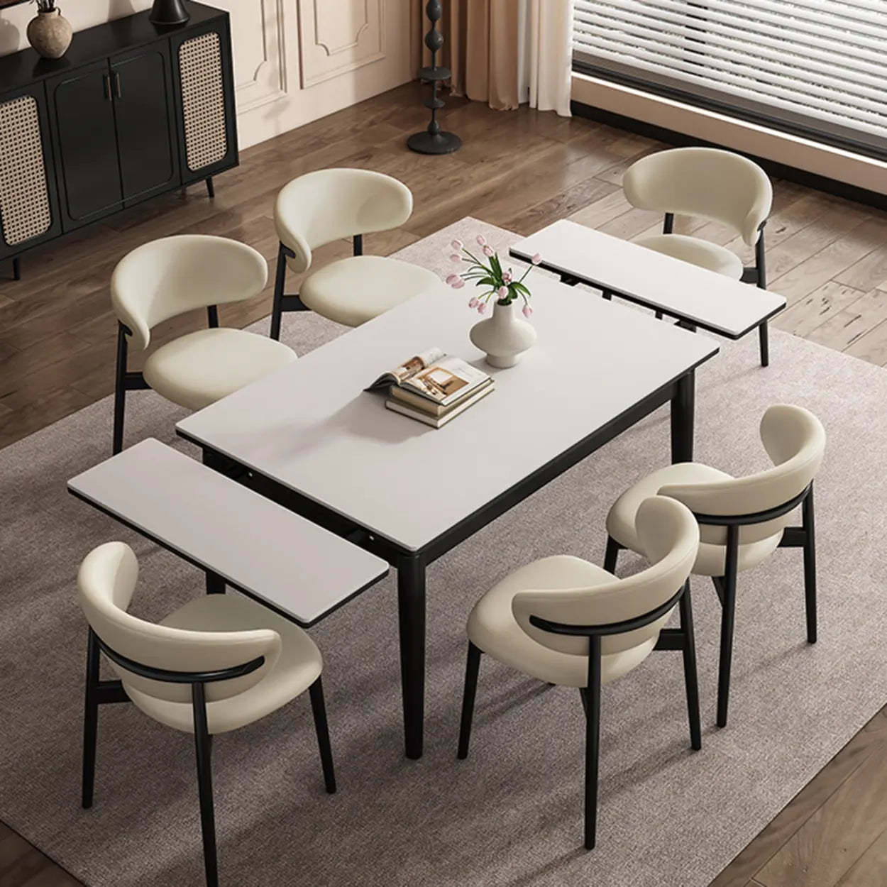 Minimalist Rectangular Extendable White Stone Dining Table — Table Only