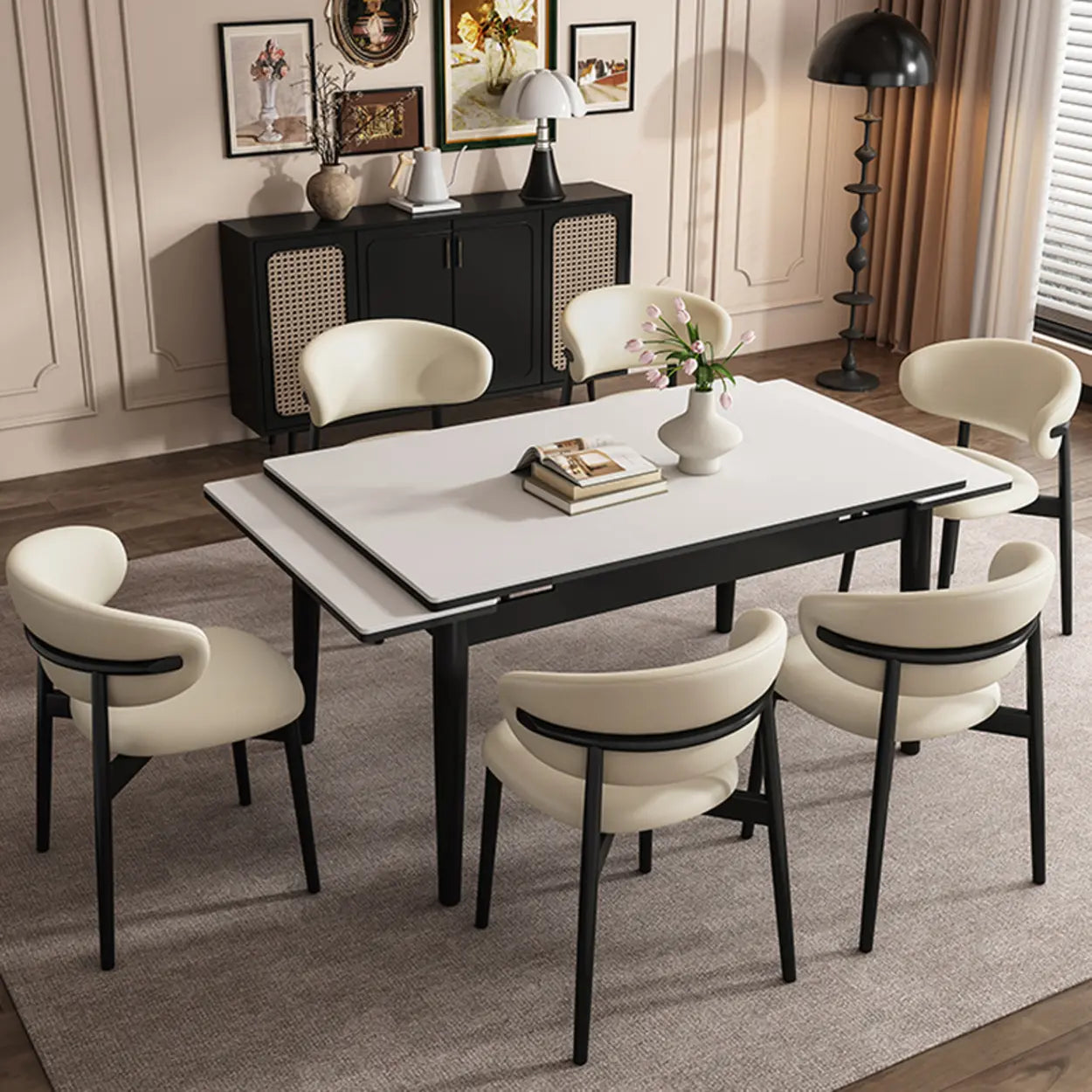 Minimalist Rectangular Extendable White Stone Dining Table — Table Only