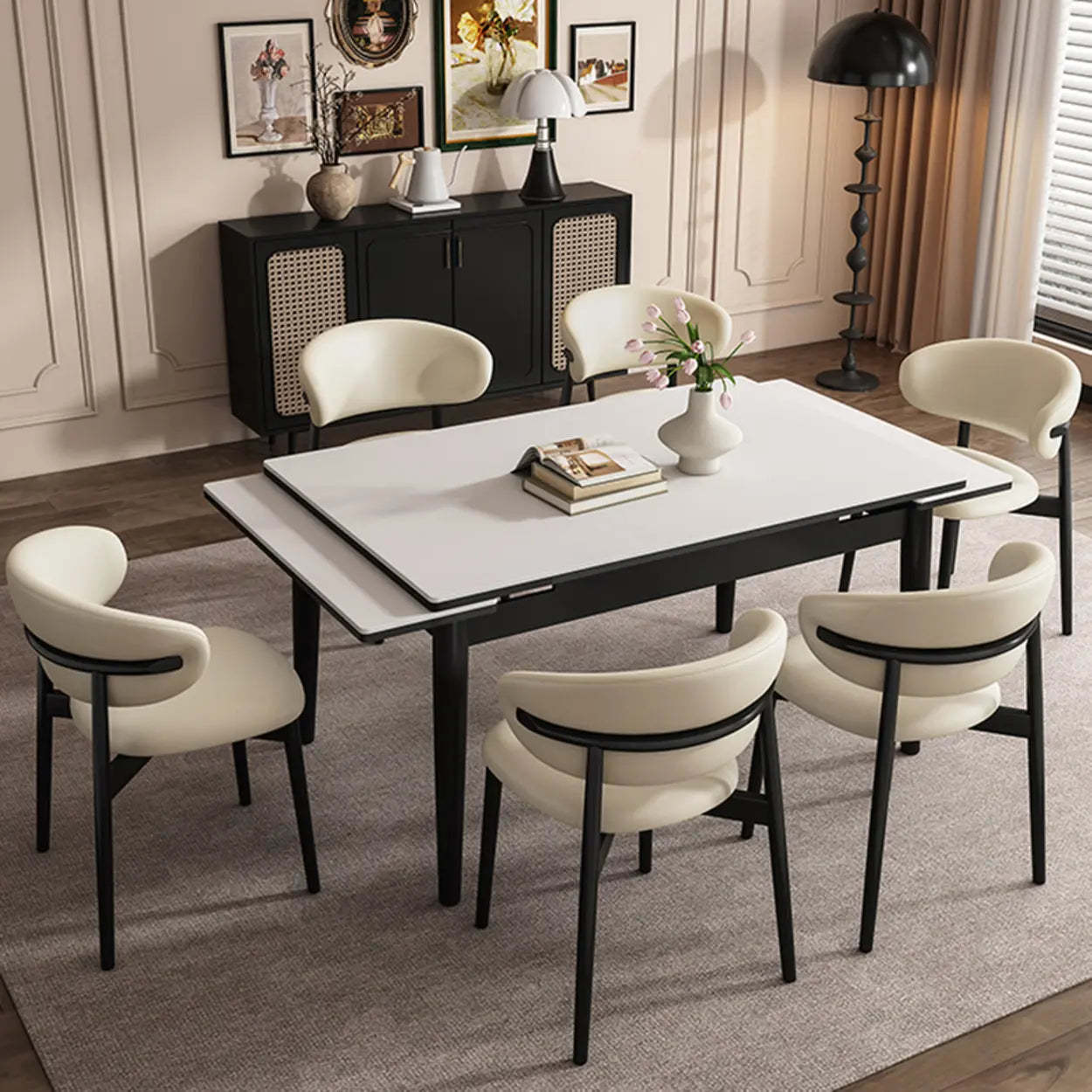 Minimalist Rectangular Extendable White Stone Dining Table — Table Only