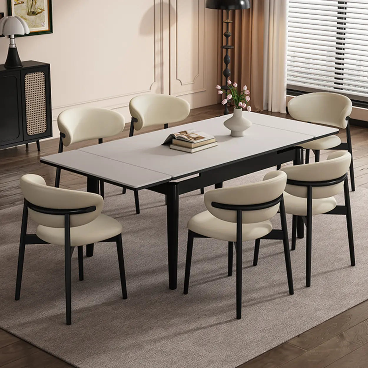 Minimalist Rectangular Extendable White Stone Dining Table