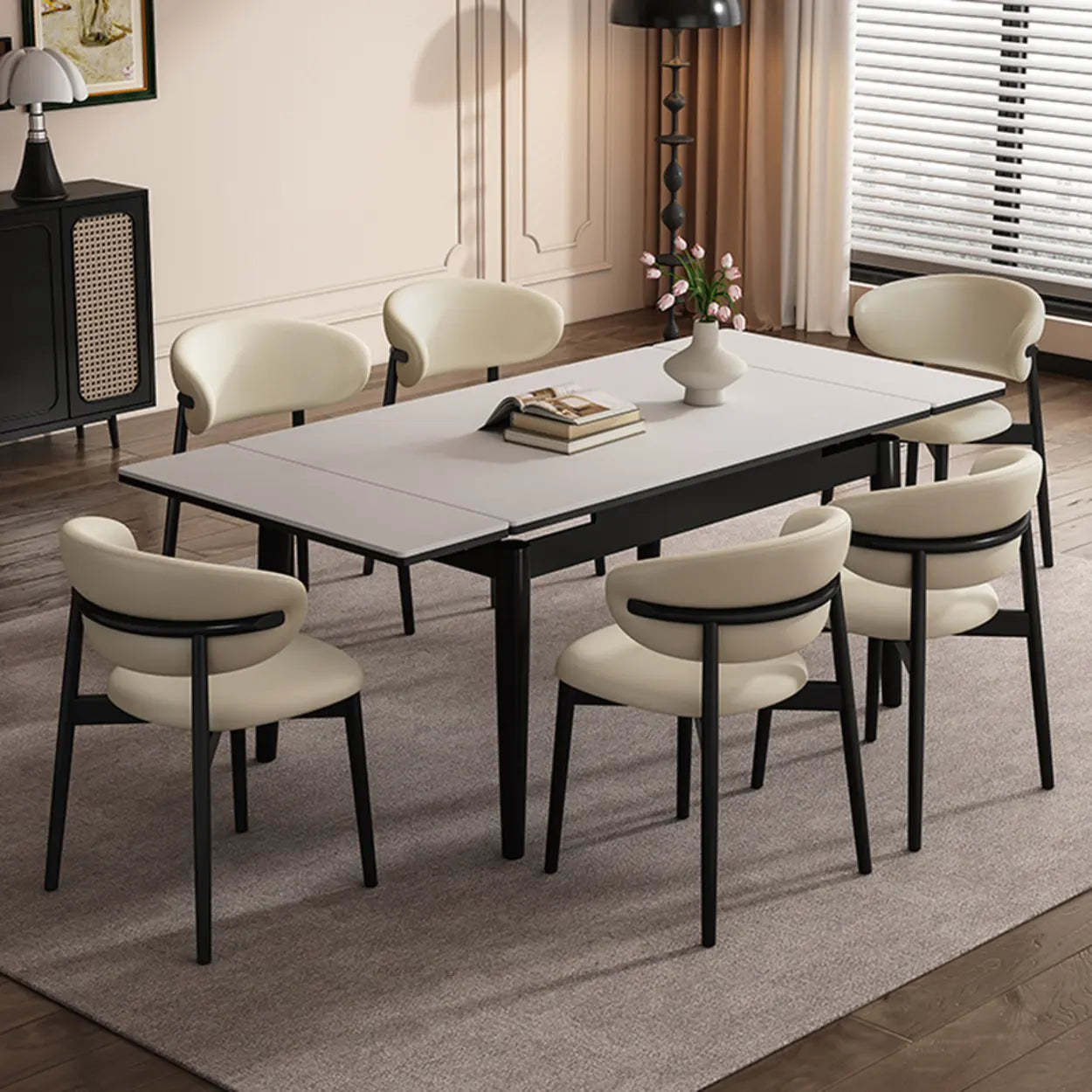 Minimalist Rectangular Extendable White Stone Dining Table