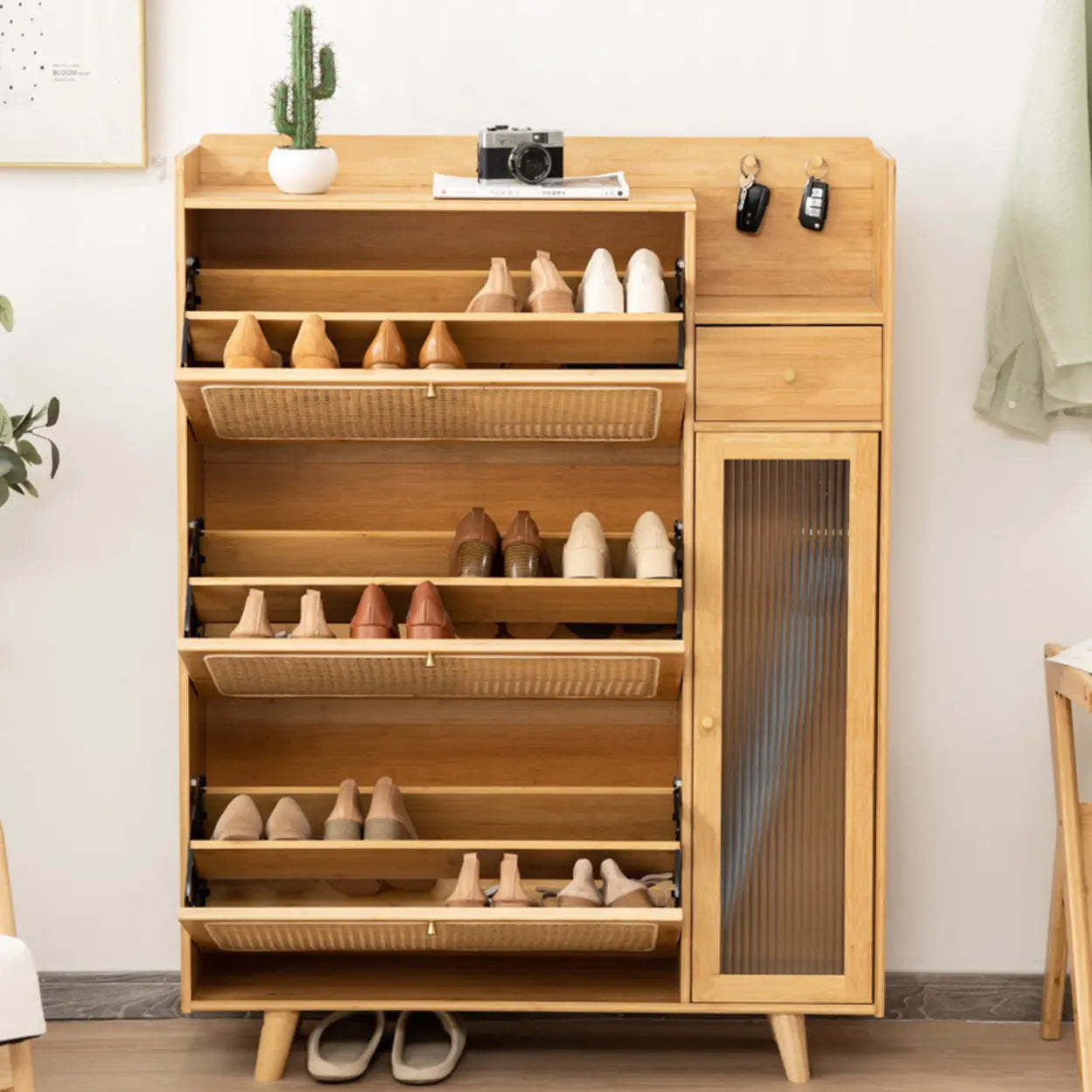 Minimalist Natural Wood Entryway Shoe Cabinet — Wood Color