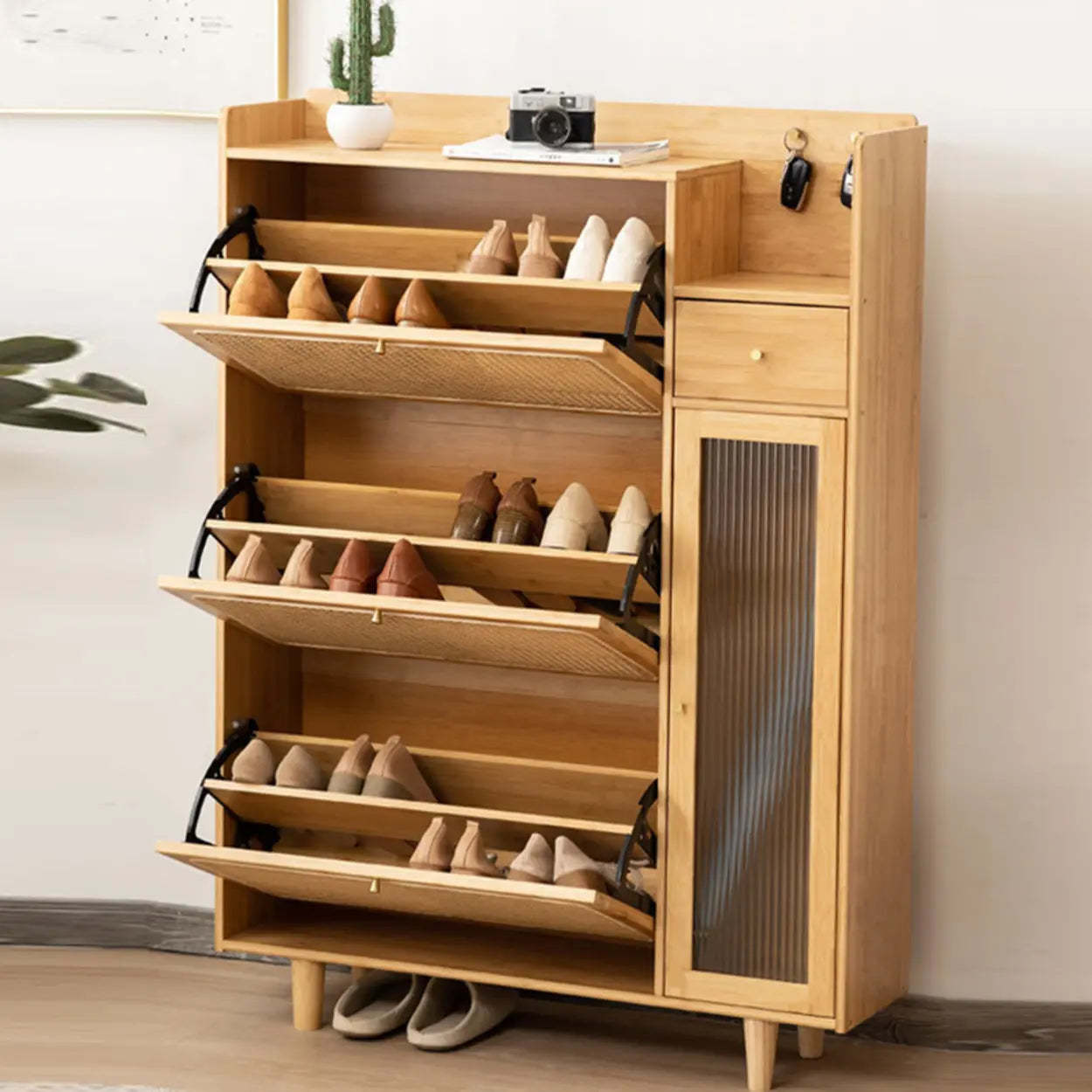 Minimalist Natural Wood Entryway Shoe Cabinet
