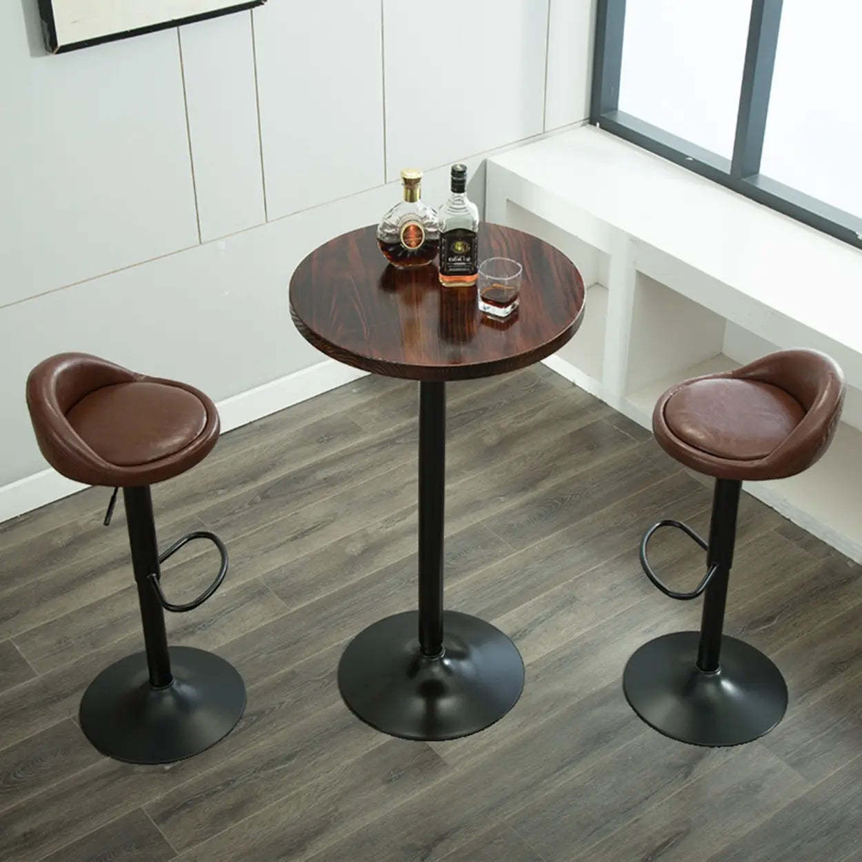 Minimalist Small Round Pine Wood Bar Table — White / Silver / Table Only