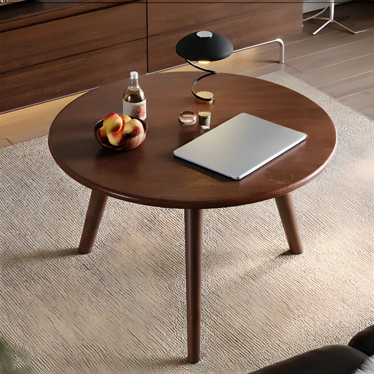 Minimalist Small Round Wood Three-Leg Coffee Table — Natural Finish