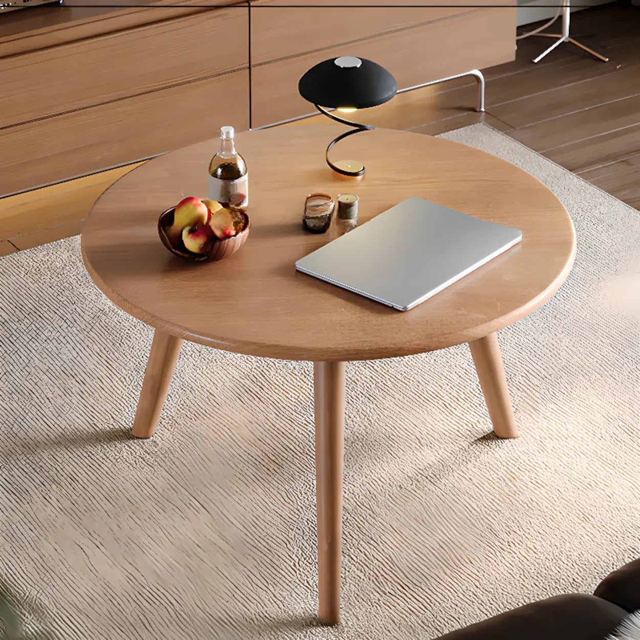 Minimalist Small Round Wood Three-Leg Coffee Table — Brown