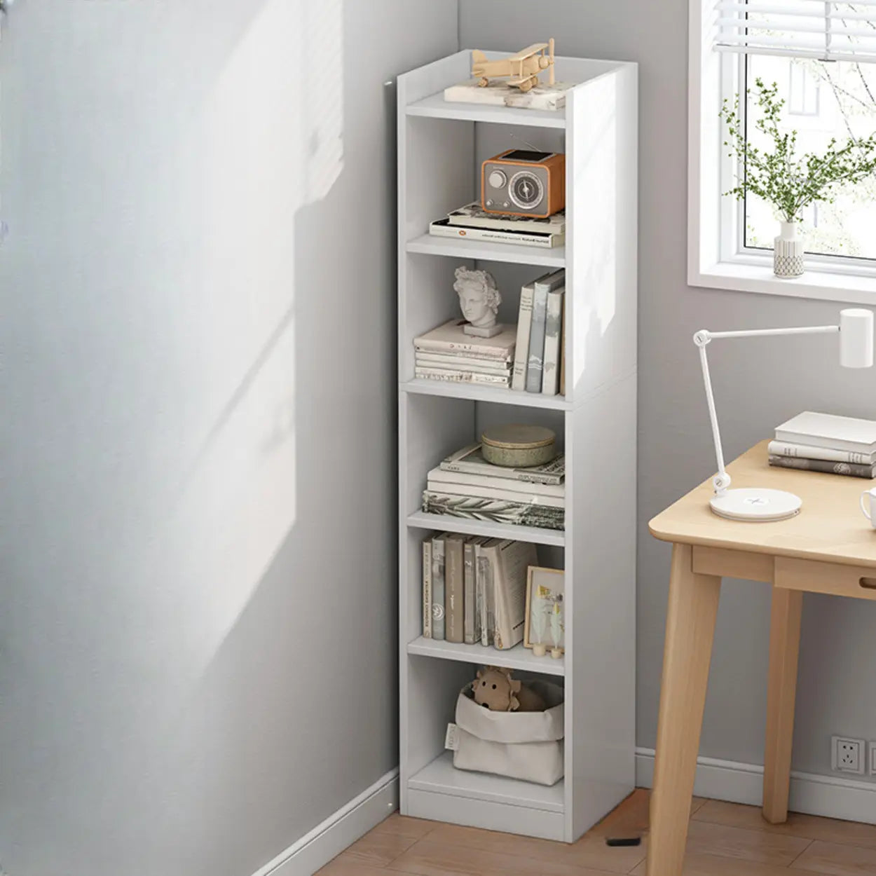 Minimalist Narrow Corner Bookcase — Warm White