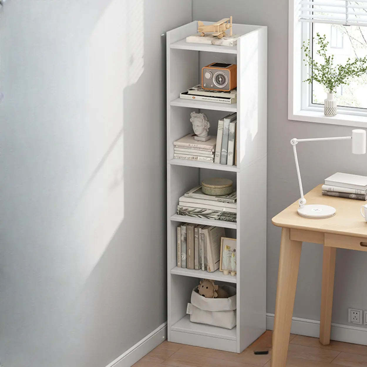 Minimalist Narrow Corner Bookcase — Warm White