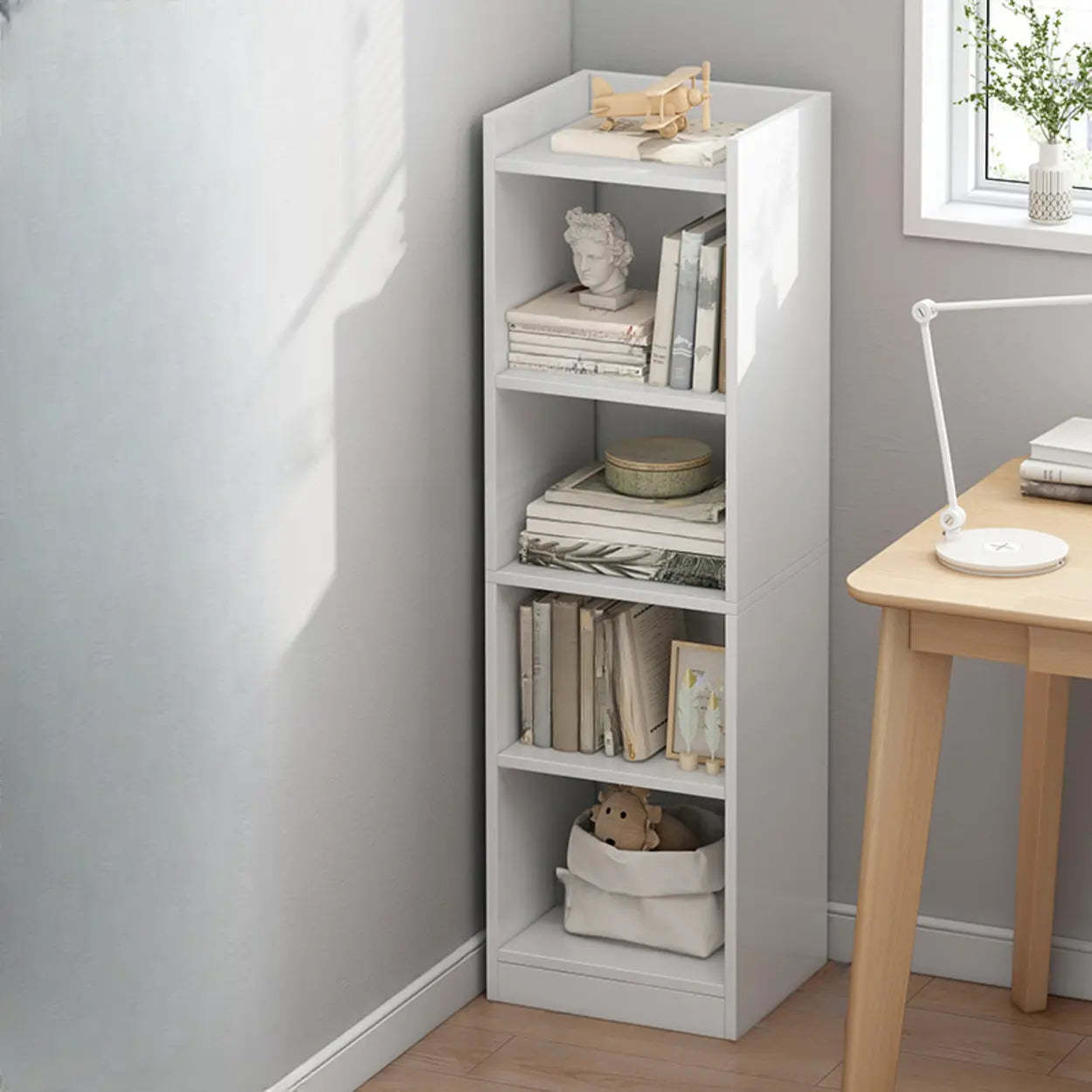 Modern narrow corner bookcases in wood — 11.8"L x 11.8"W x 70.9"H / Warm White