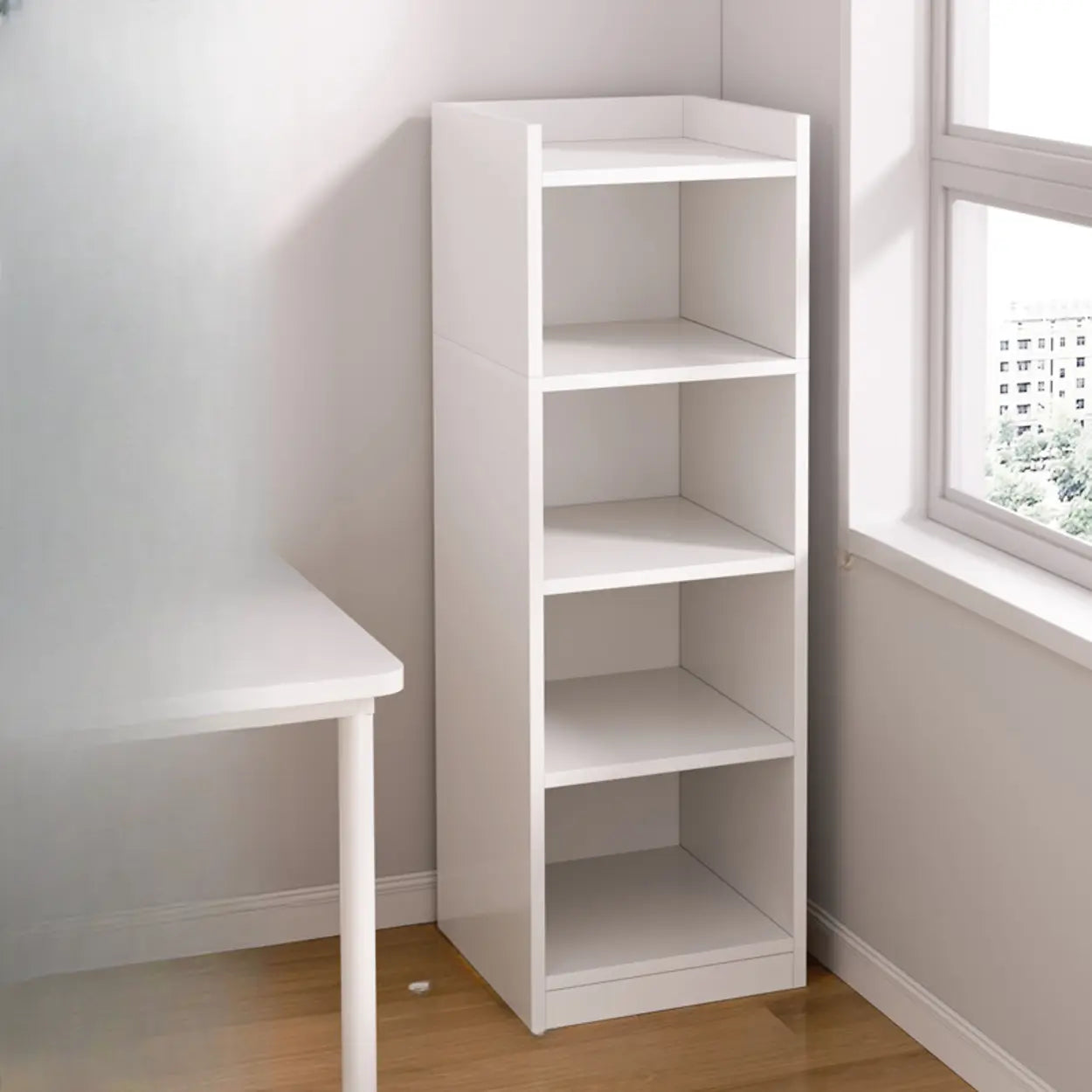White wood corner narrow bookcases - modern — 12"L x 12"W x 48"H / Warm White
