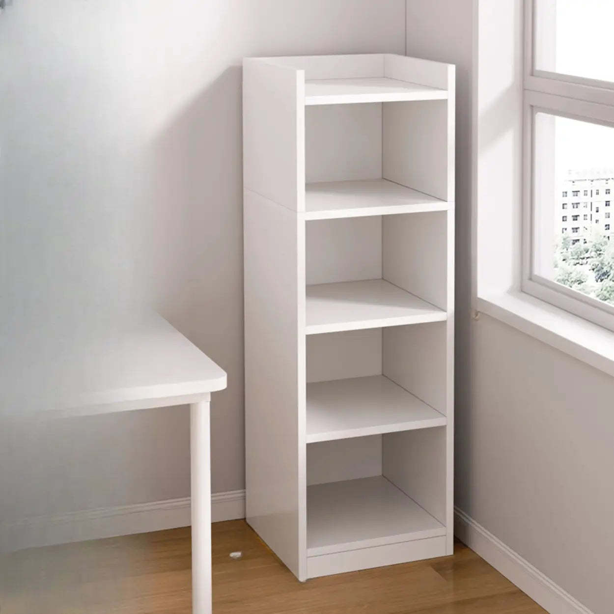 White wood corner narrow bookcases - modern — 12"L x 12"W x 48"H / Warm White