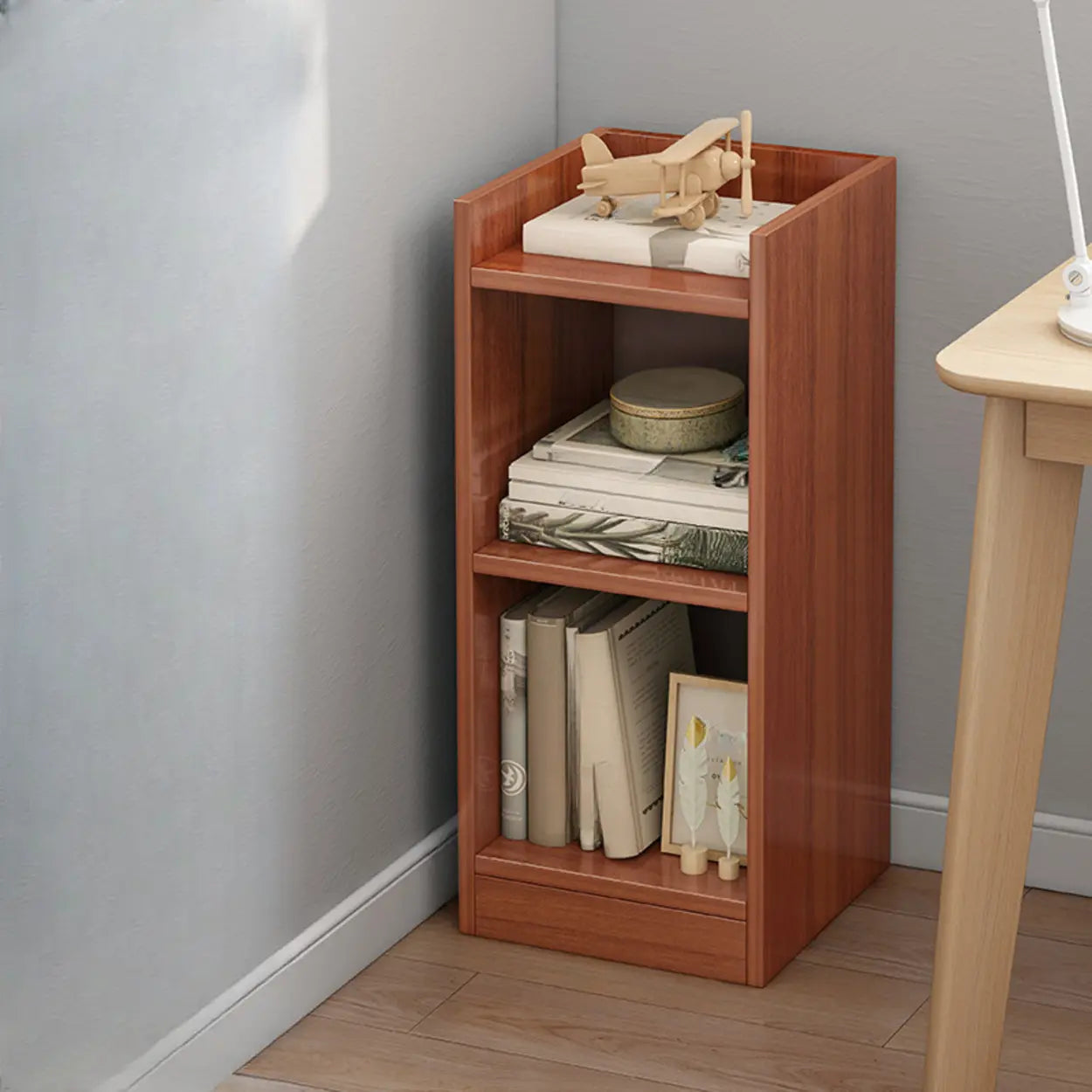 Modern narrow corner bookcases in wood — 12"L x 12"W x 59"H / Warm White