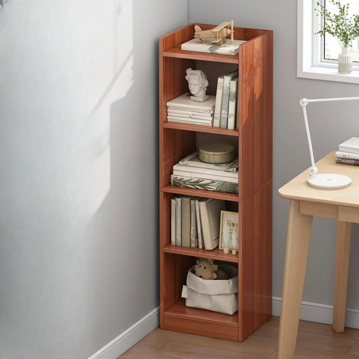 Minimalist Narrow Corner Bookcase — Warm White