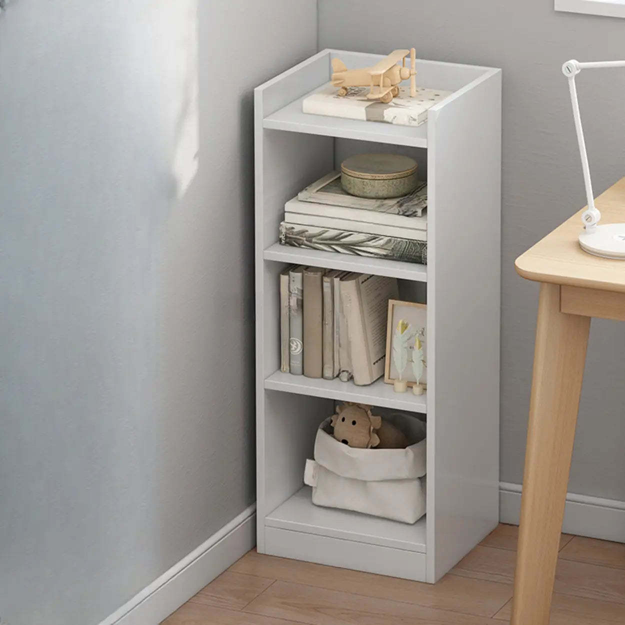 Lighom modern corner narrow white bookcases — 11.8"L x 9.4"W x 37.8"H / Brown