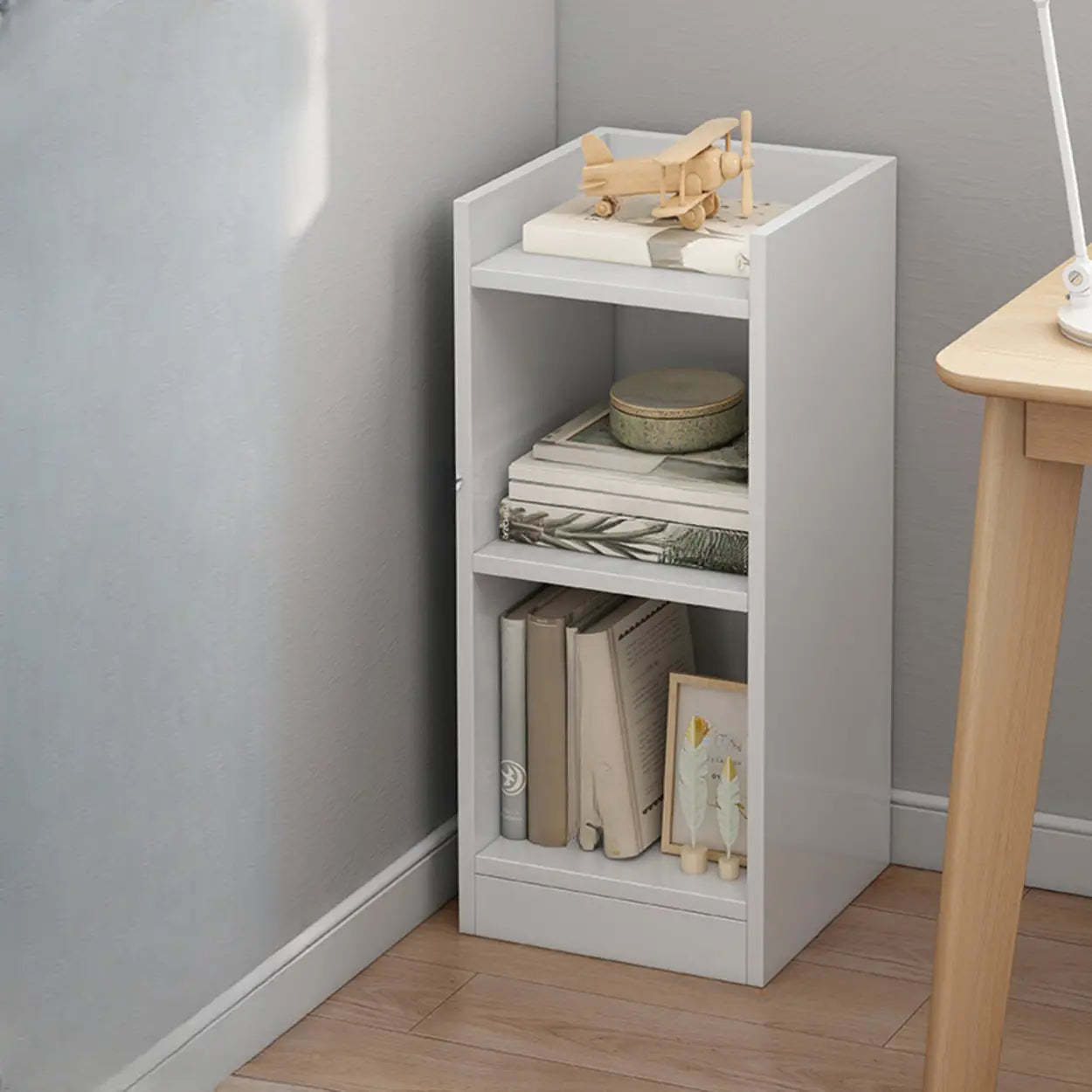 White wood narrow corner bookcases - modern — 11.8"L x 9.4"W x 48.8"H / Brown