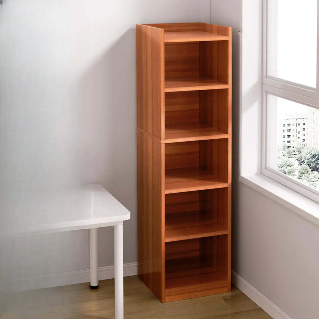 Modern narrow corner white bookcases, Lighom — 11.8"L x 9.4"W x 59.8"H / Warm White