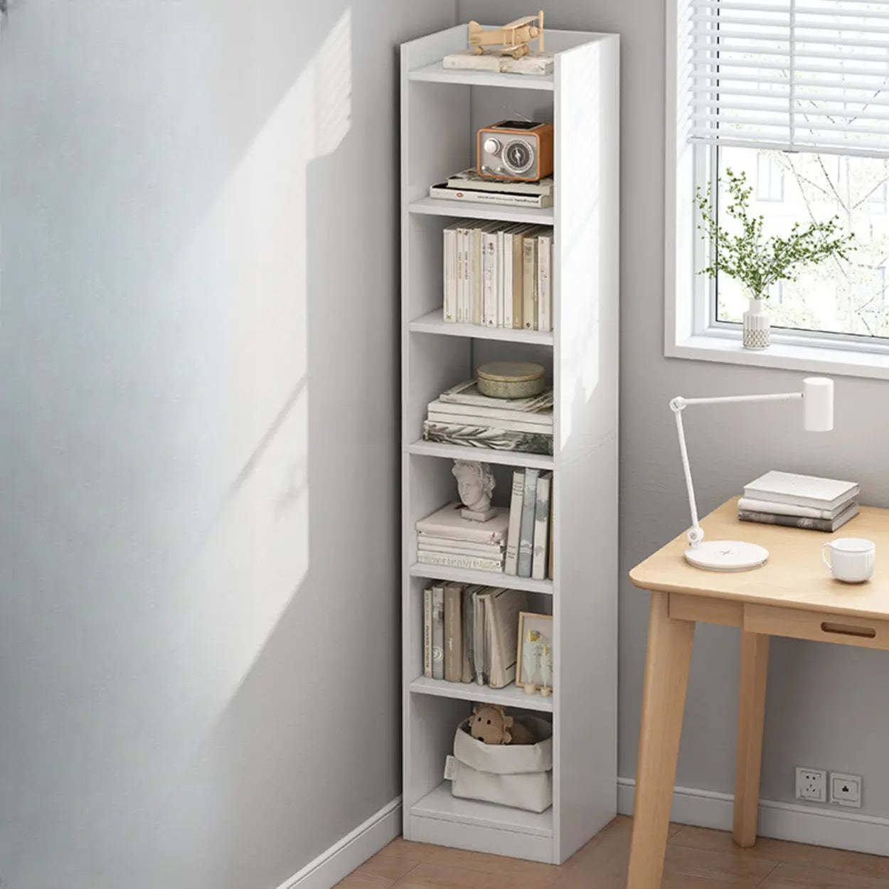 Lighom corner narrow wood bookcases for entryway — 11.8"L x 9.4"W x 59.8"H / Brown