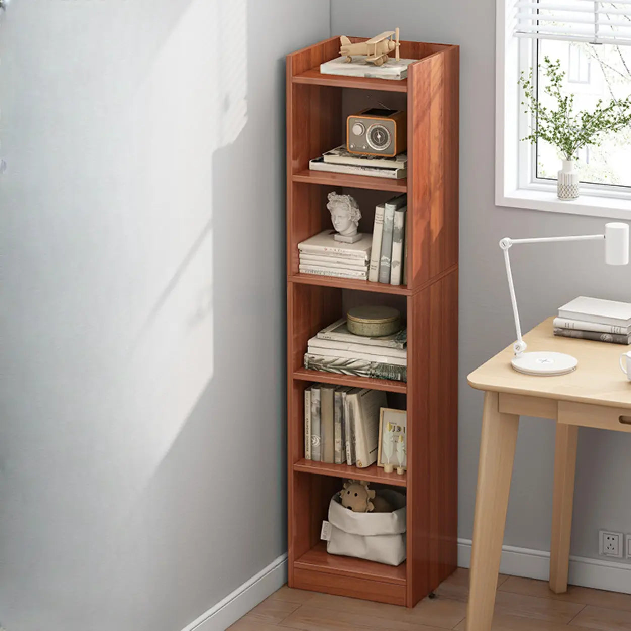 Modern corner narrow white wood bookcases — 11.8"L x 9.4"W x 70.9"H / Warm White