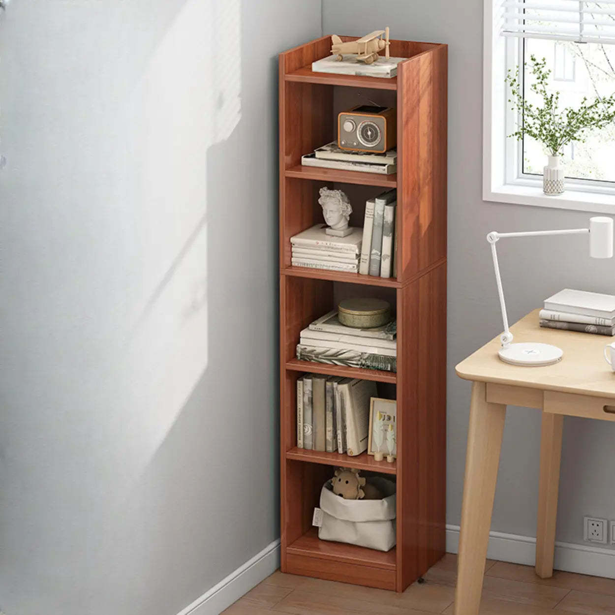 Modern corner narrow white wood bookcases — 11.8"L x 9.4"W x 70.9"H / Warm White