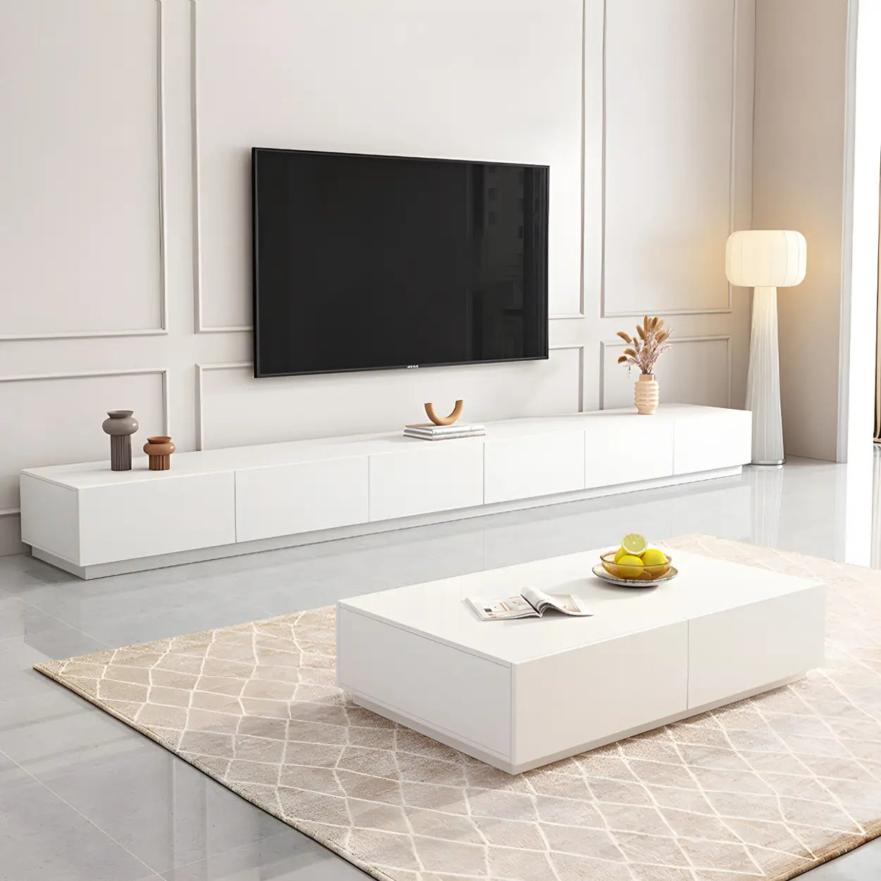 Minimalist White Wood TV Stand with Drawers