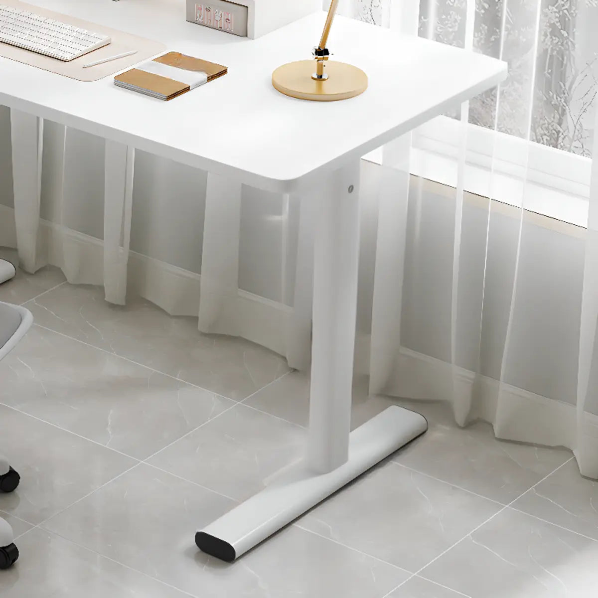 Minimalist White Lumber T-Shape Writing Desk — Without Chairs / Black