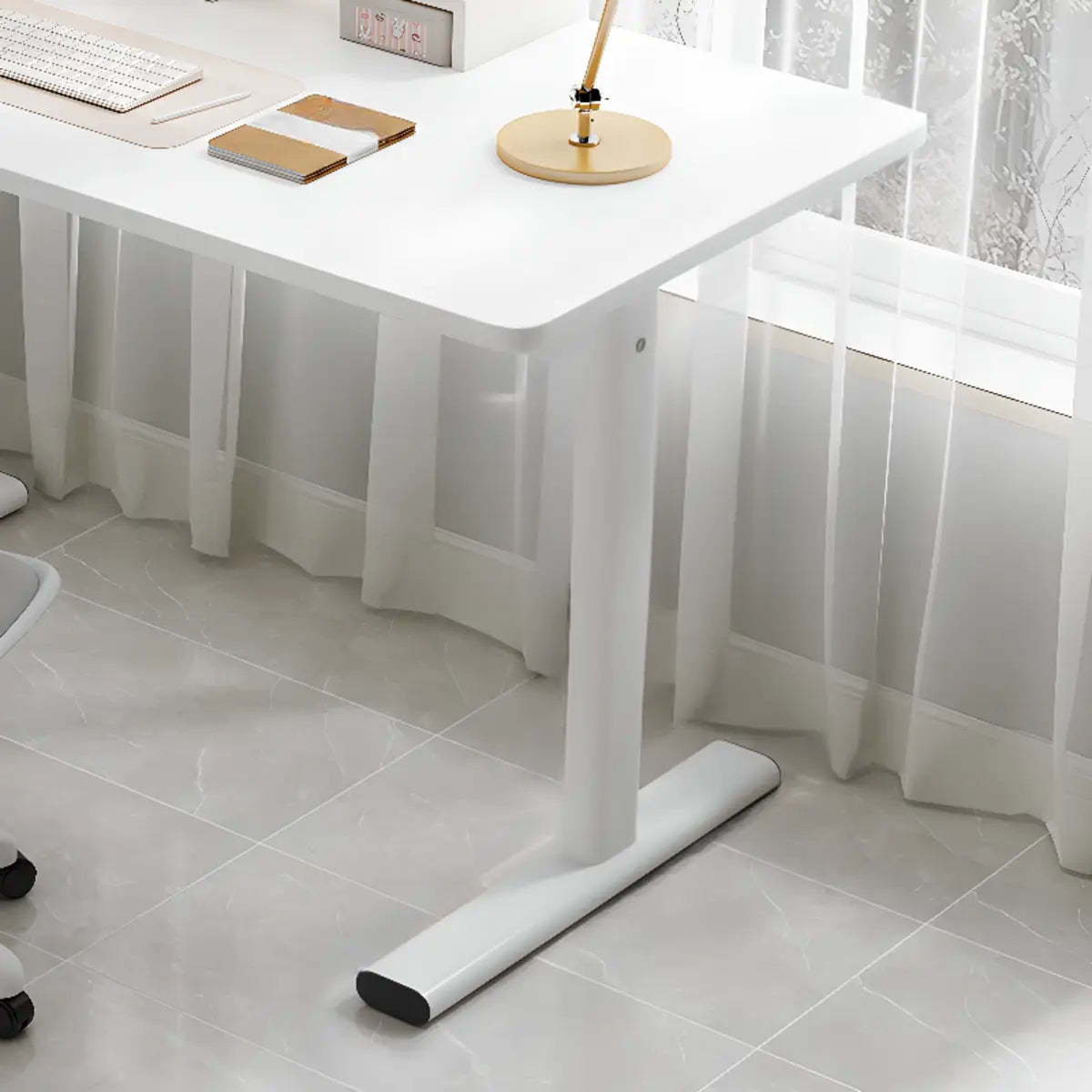 Minimalist White Lumber T-Shape Writing Desk — Without Chairs / Black