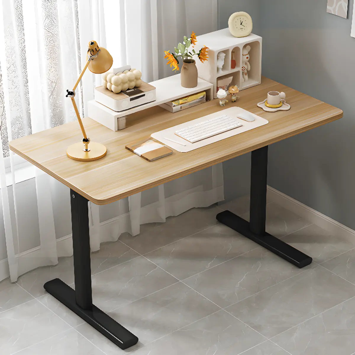 Minimalist White Lumber T-Shape Writing Desk — Without Chairs / Black