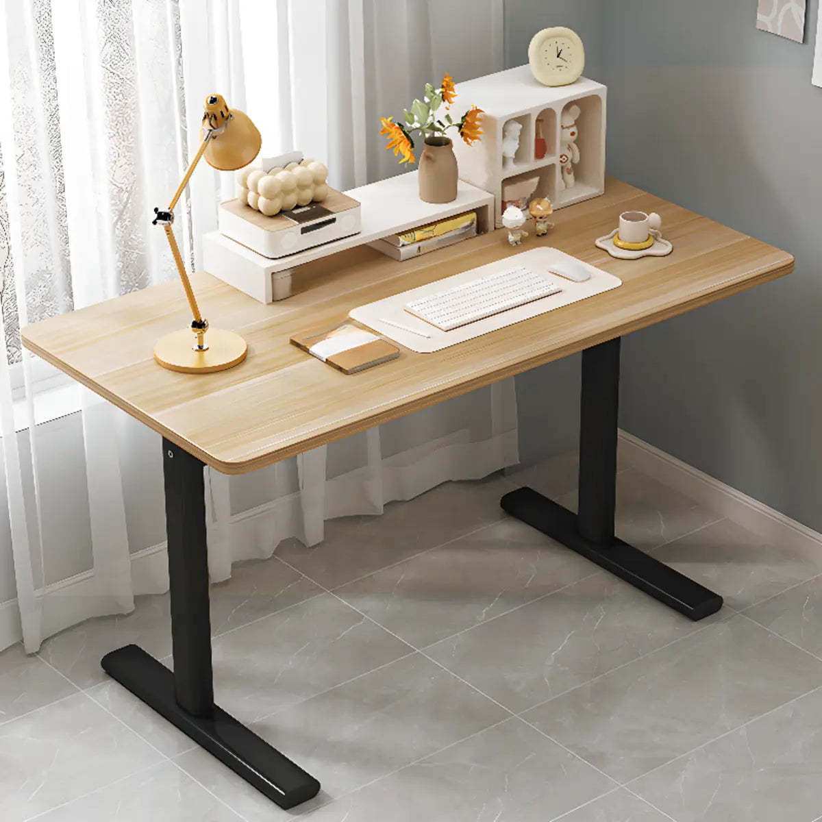 Minimalist White Lumber T-Shape Writing Desk — Without Chairs / Black