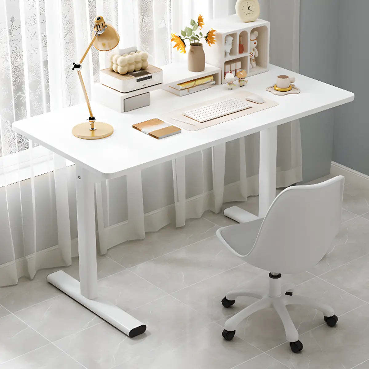 Minimalist White Lumber T-Shape Writing Desk — Without Chairs / Black