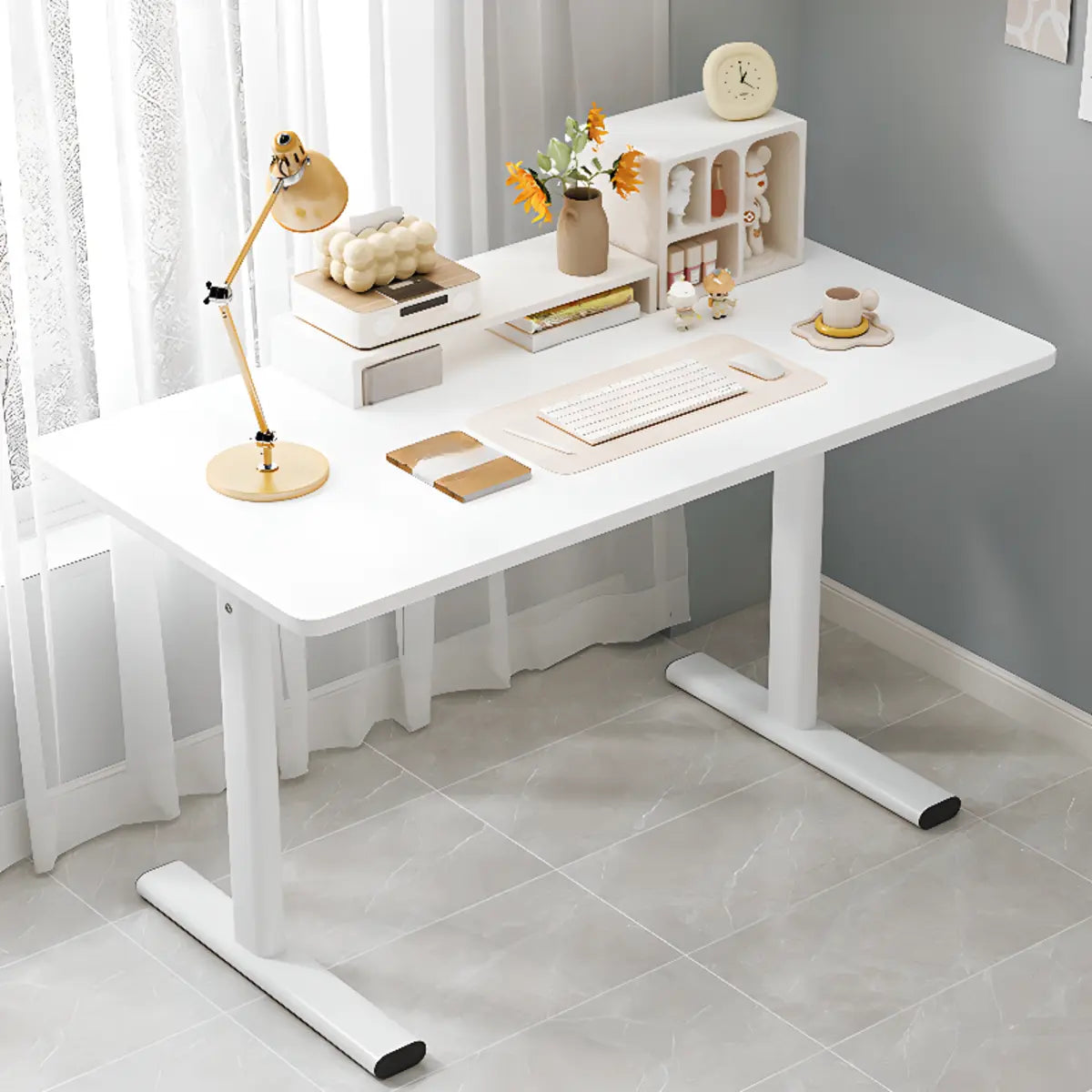 Minimalist White Lumber T-Shape Writing Desk — Without Chairs / Black