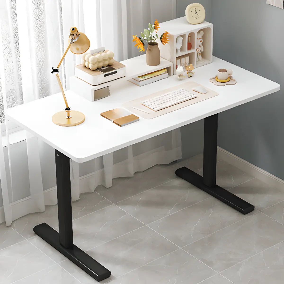 Minimalist White Lumber T-Shape Writing Desk — Without Chairs / Black