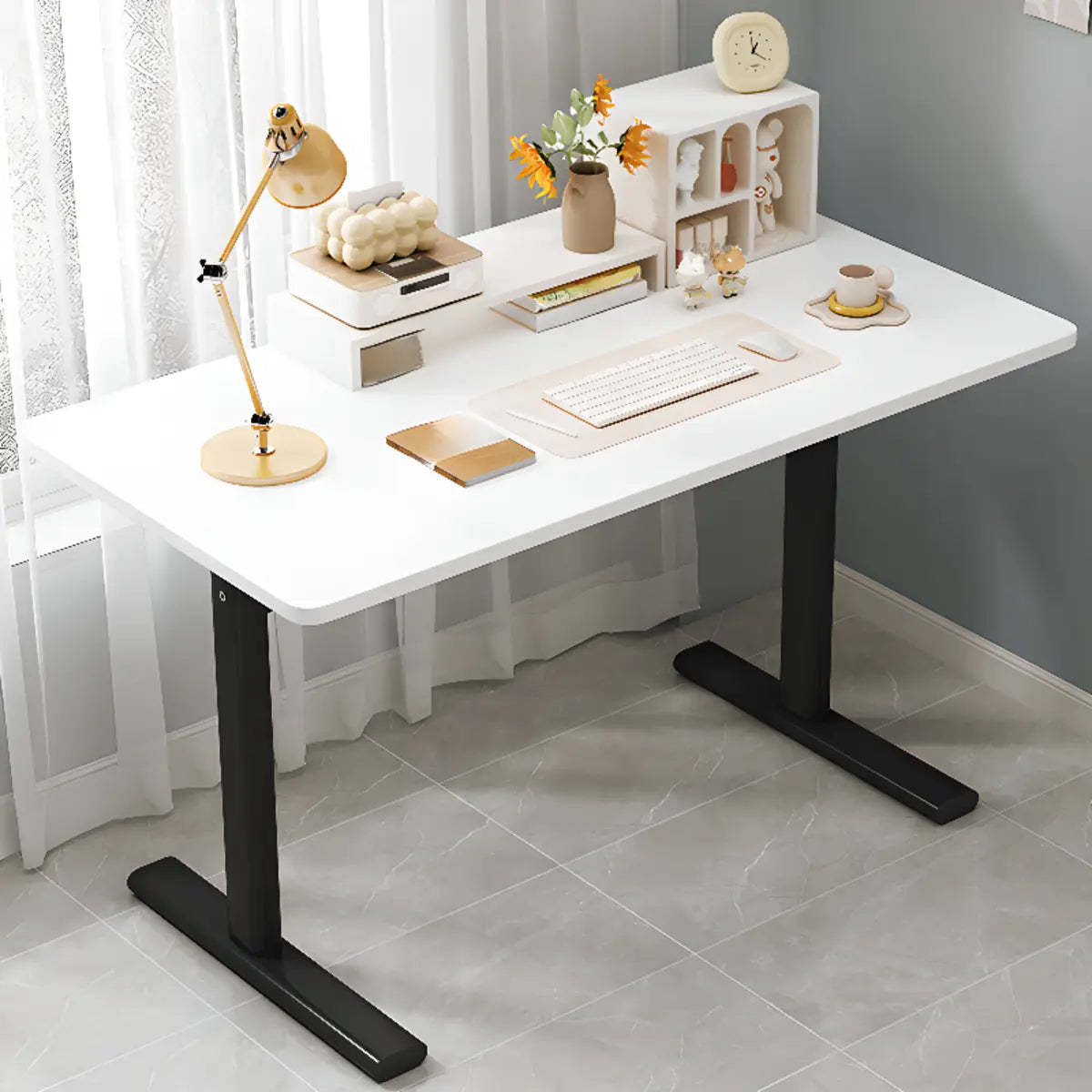 Minimalist White Lumber T-Shape Writing Desk — Without Chairs / Black