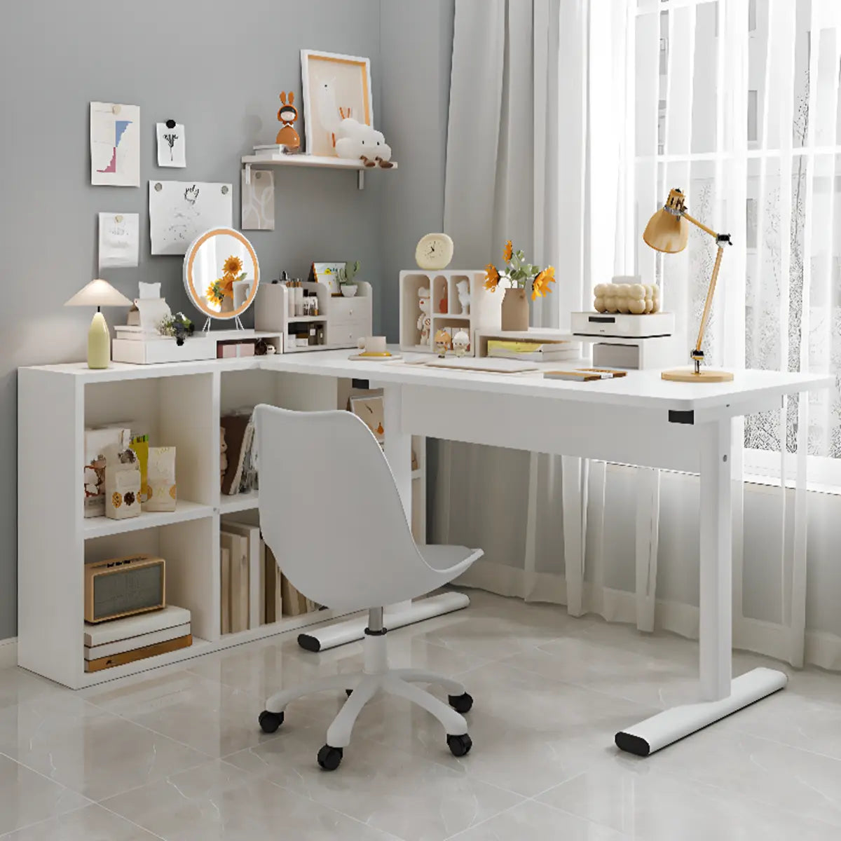 Minimalist White Lumber T-Shape Writing Desk — Without Chairs / Black