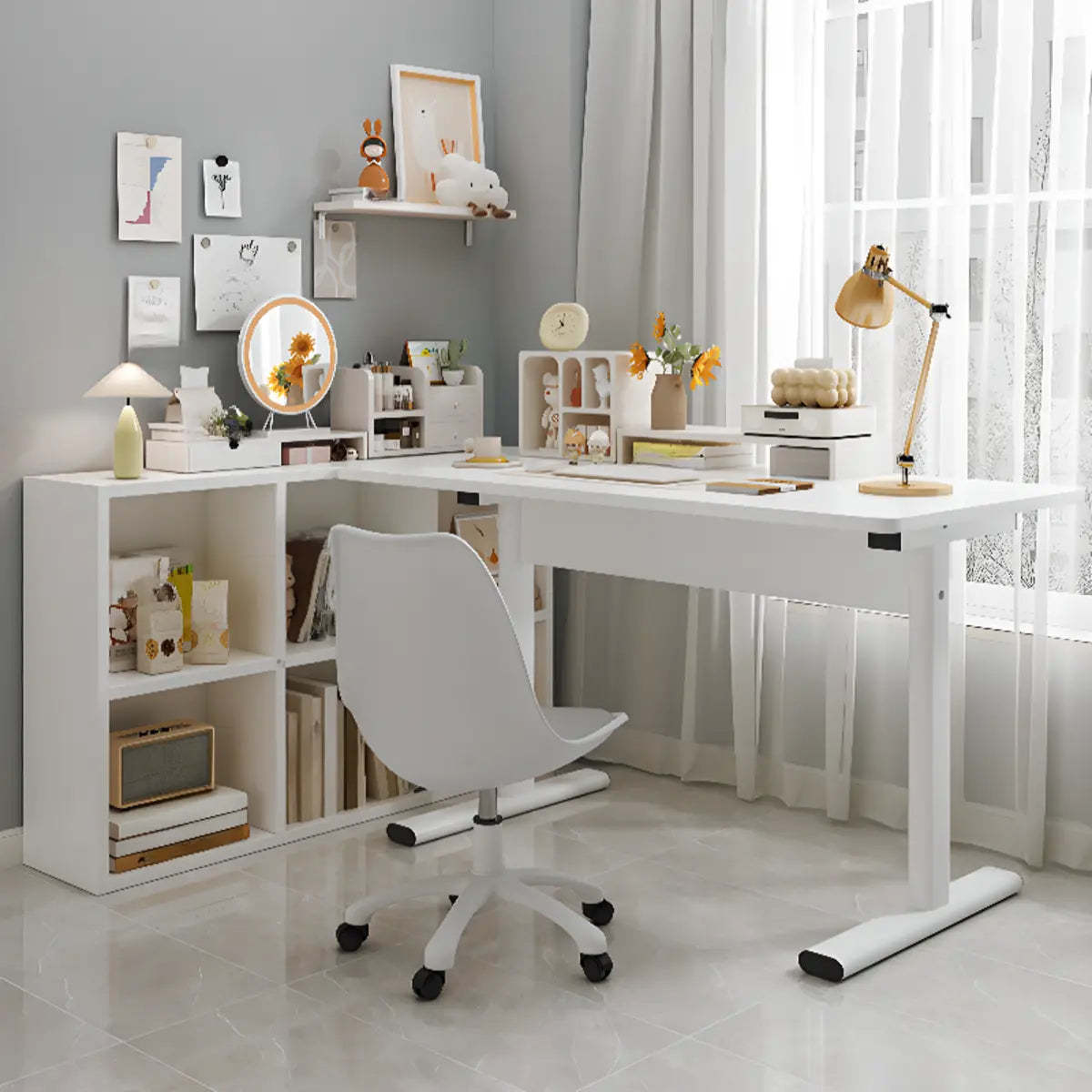 Minimalist White Lumber T-Shape Writing Desk — Without Chairs / Black