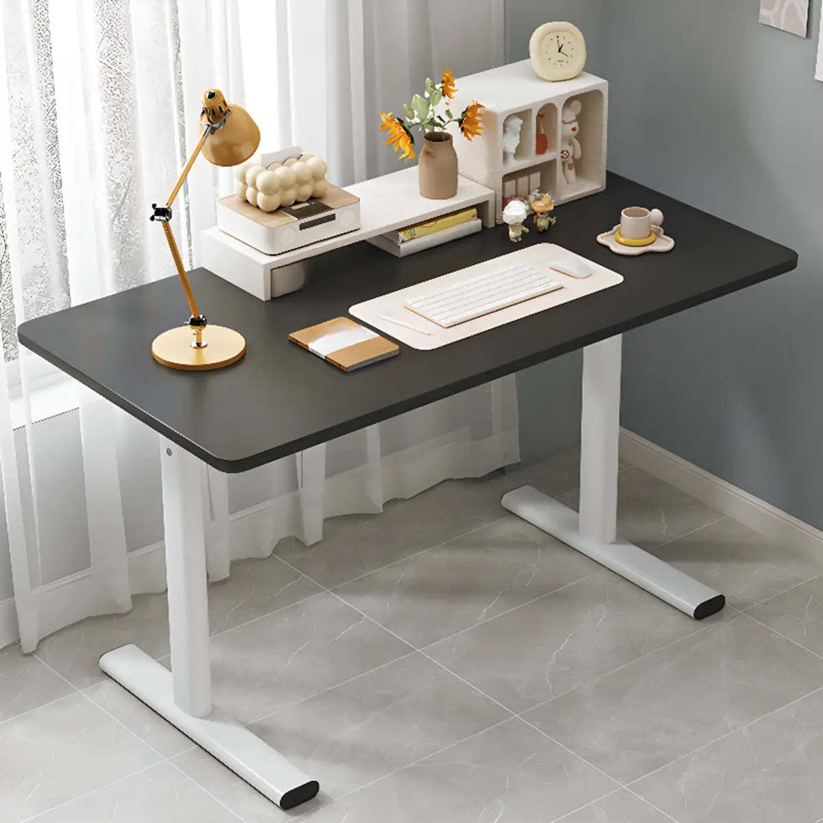 Minimalist White Lumber T-Shape Writing Desk — Without Chairs / Black