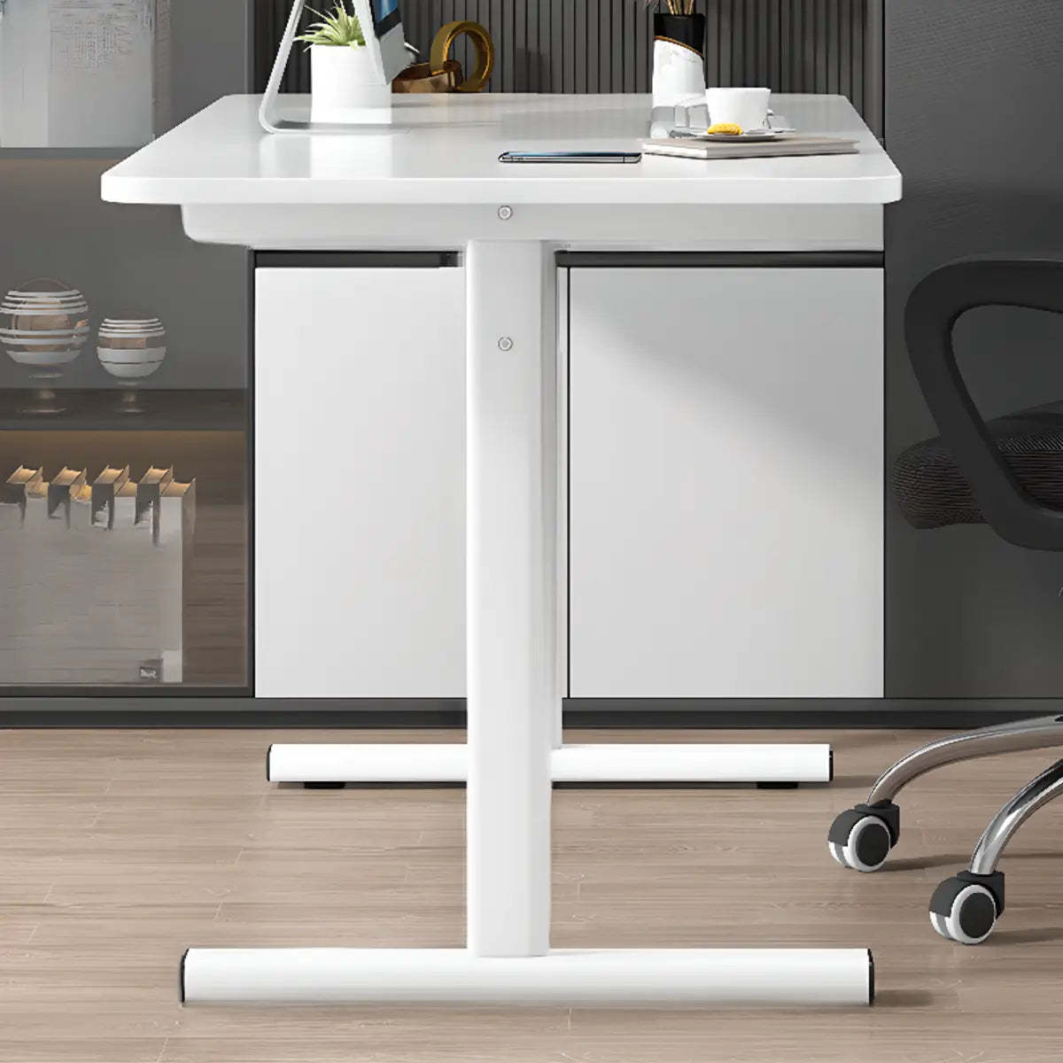 Minimalist White Lumber T-Shape Writing Desk — Without Chairs / Black