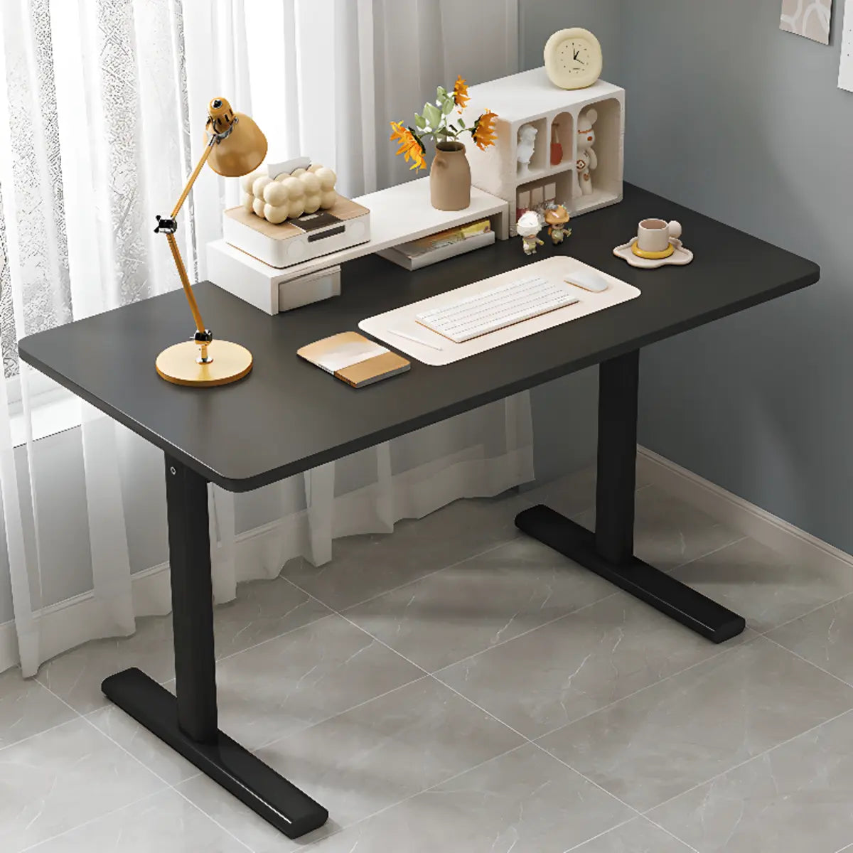 Minimalist White Lumber T-Shape Writing Desk — Without Chairs / Black