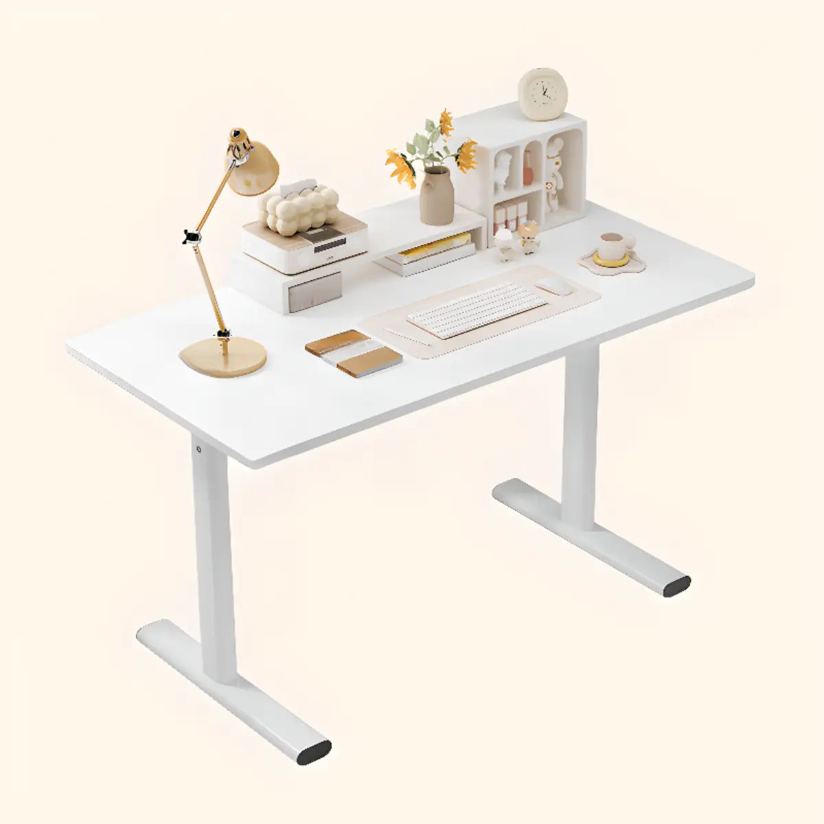 Minimalist White Lumber T-Shape Writing Desk — Without Chairs / Black