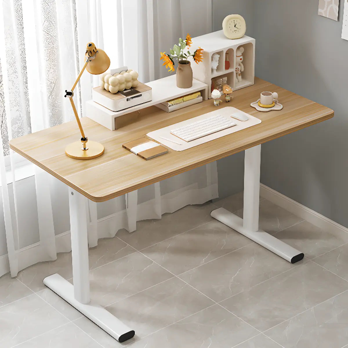 Minimalist White Lumber T-Shape Writing Desk — Without Chairs / Black