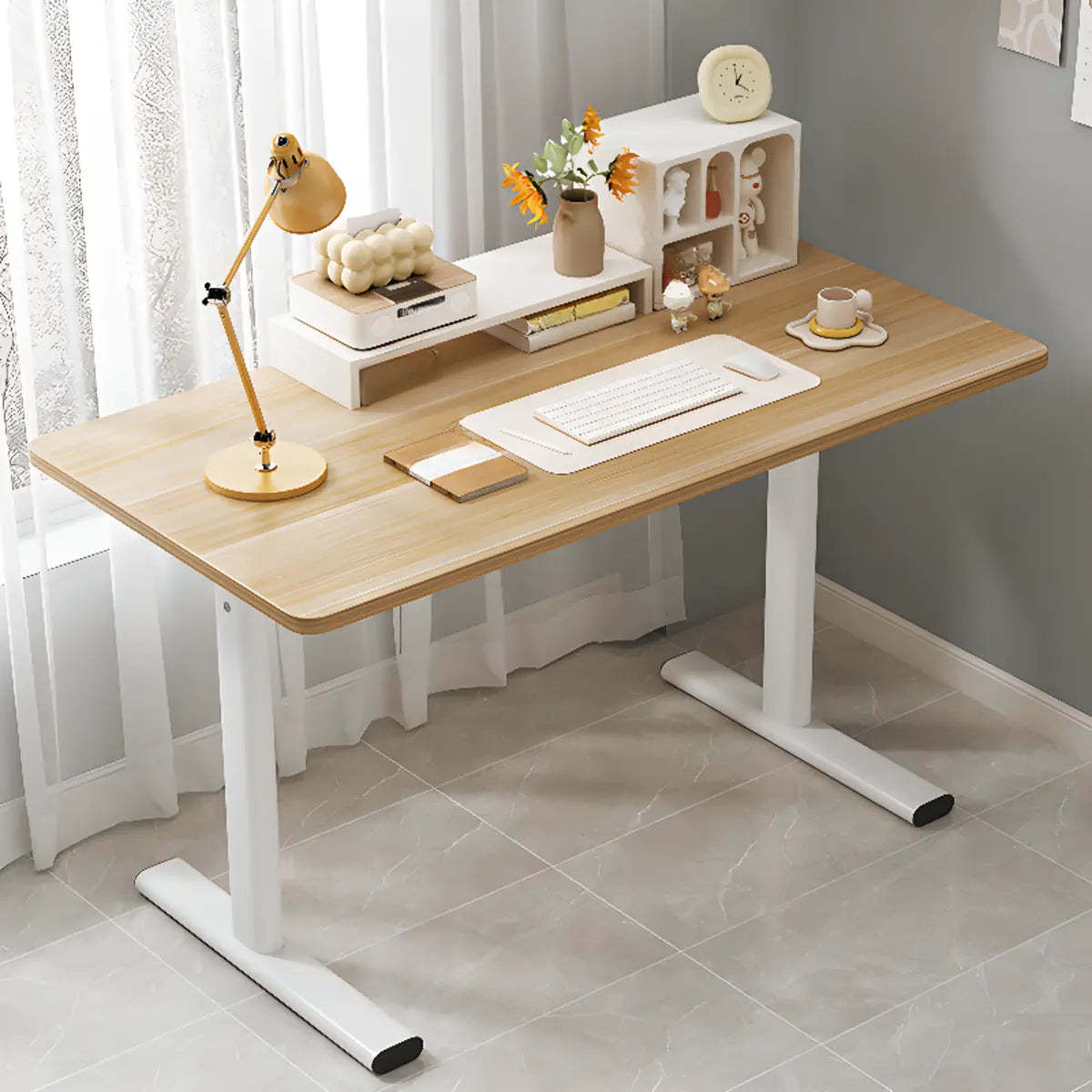 Minimalist White Lumber T-Shape Writing Desk — Without Chairs / Black