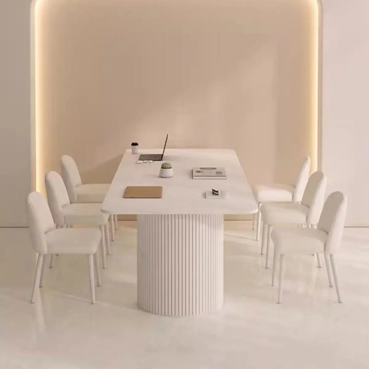 Minimalist White Rectangular Stone Conference Table for 6