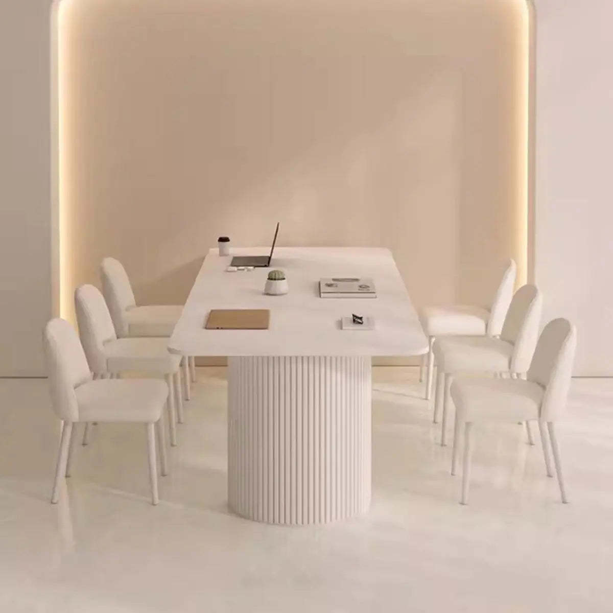 Minimalist White Rectangular Stone Conference Table for 6 — Table Only