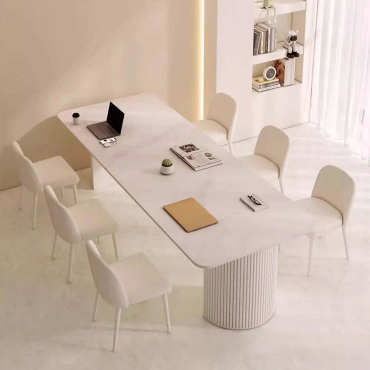Minimalist White Rectangular Stone Conference Table for 6 — Table Only