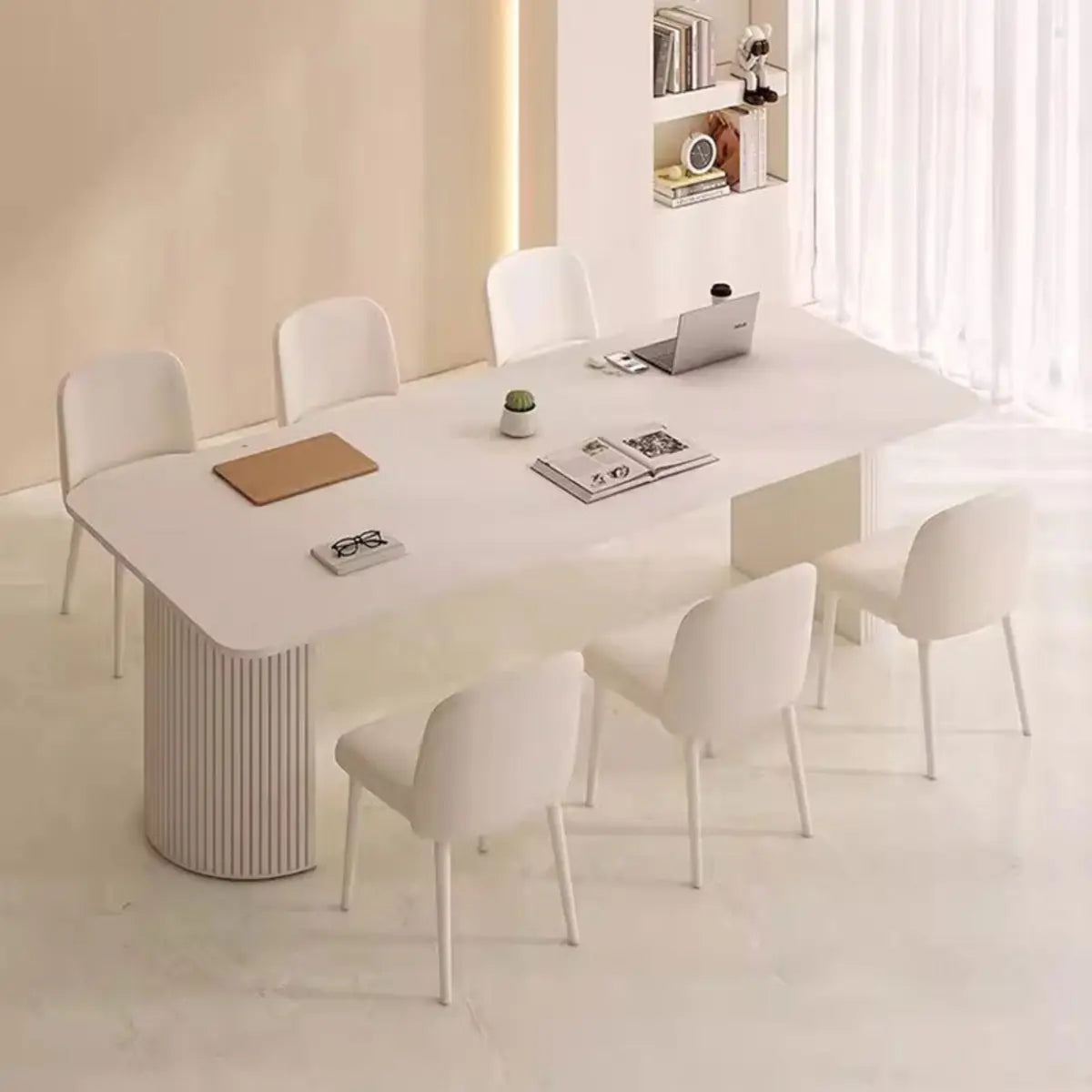 Minimalist White Rectangular Stone Conference Table for 6 — Table Only