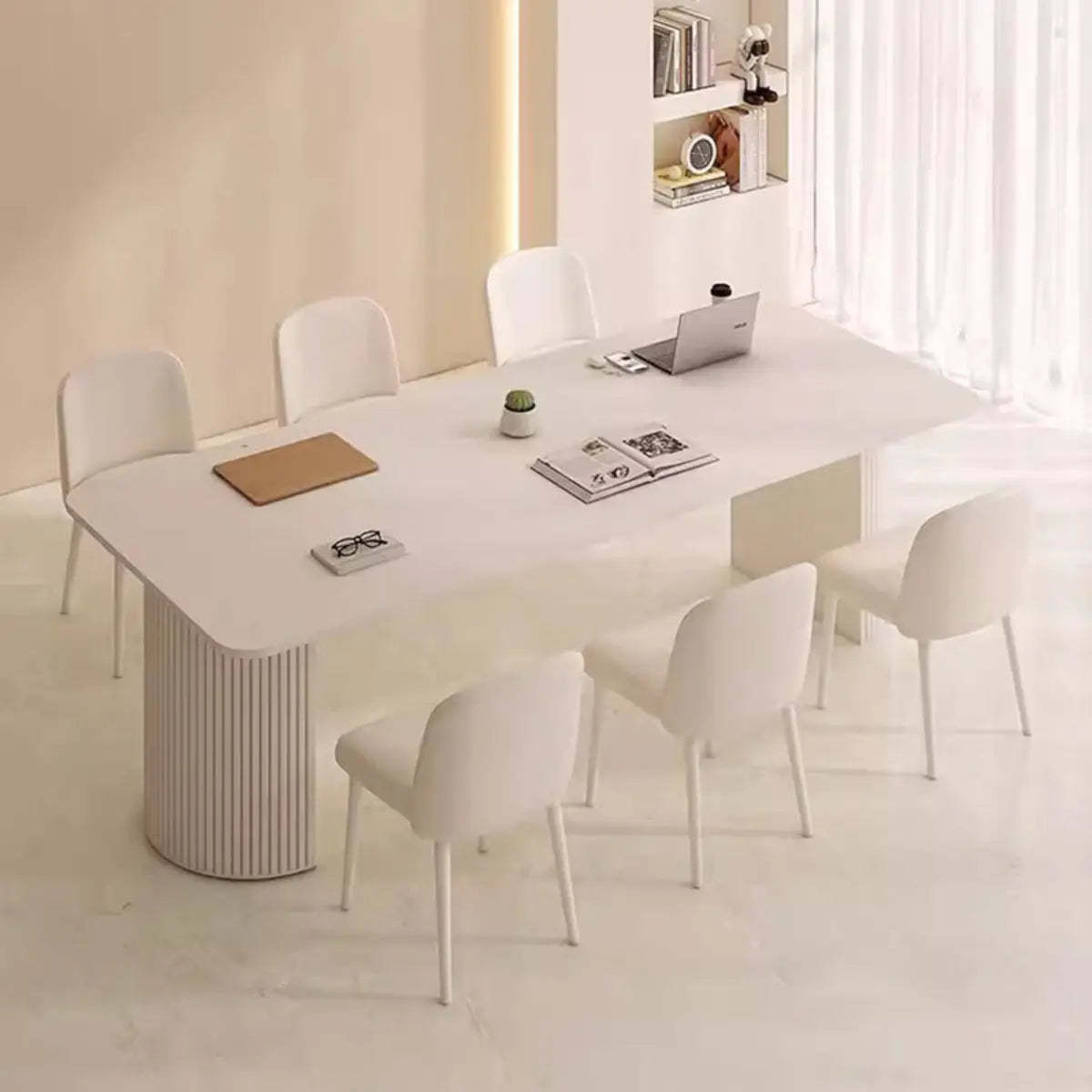 Minimalist White Rectangular Stone Conference Table for 6 — Table Only
