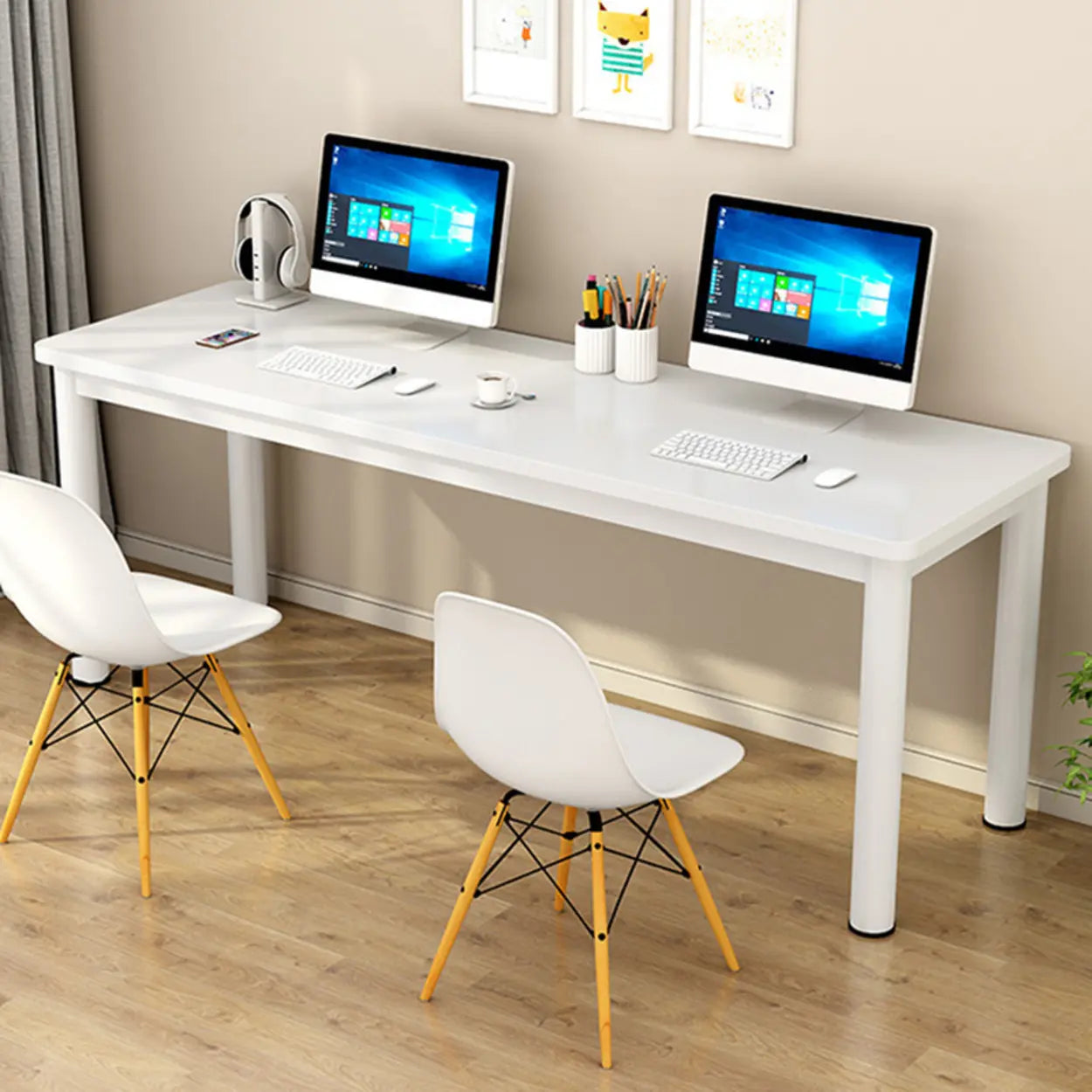 Minimalist White Wood Double Writing Desk — Table Only