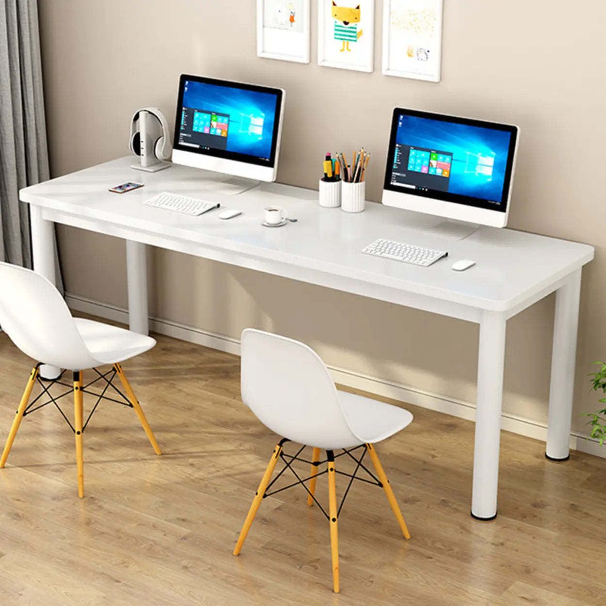 Minimalist White Wood Double Writing Desk — Table Only