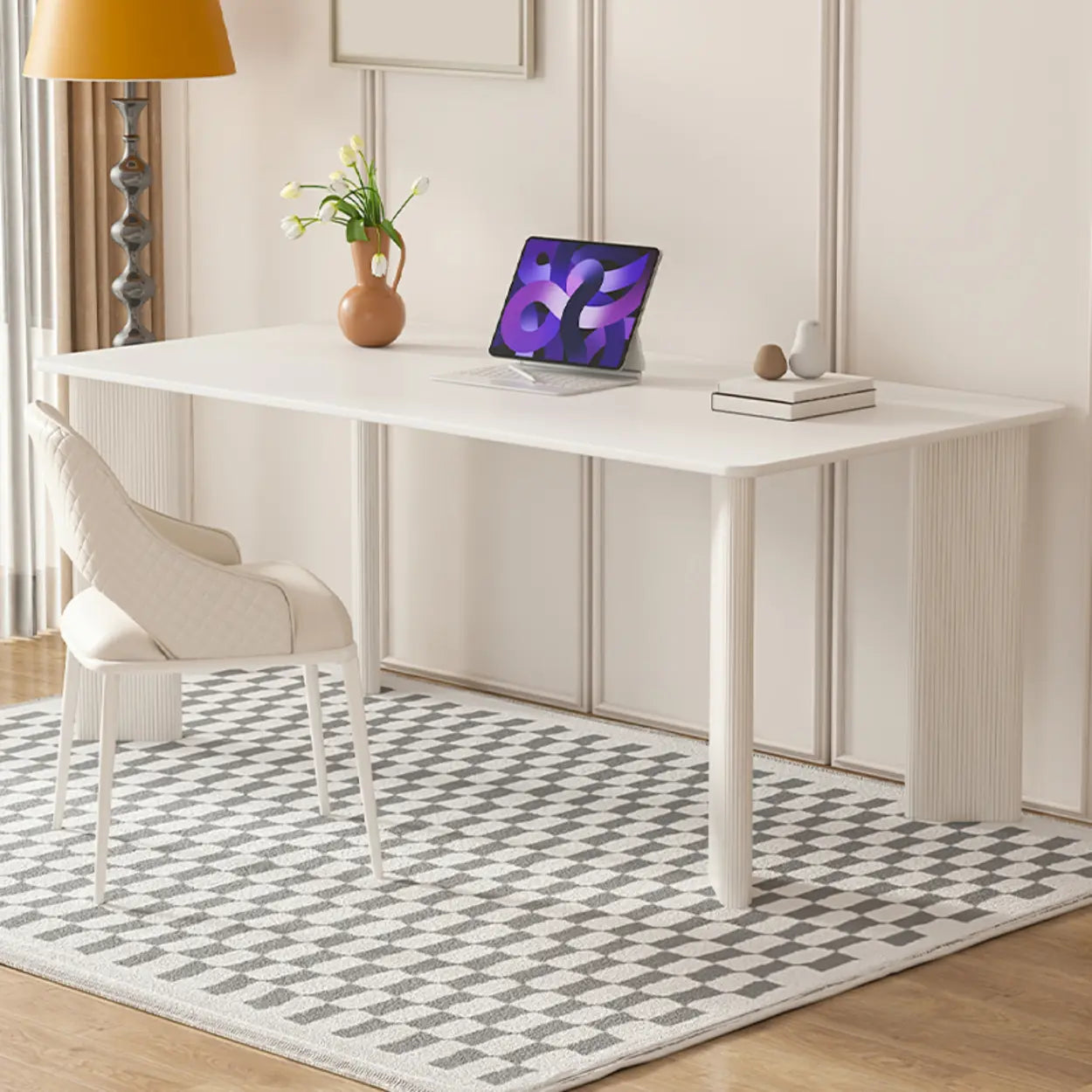 Minimalist White Stone Rectangular Computer Desk — Black-Black / Without Chairs