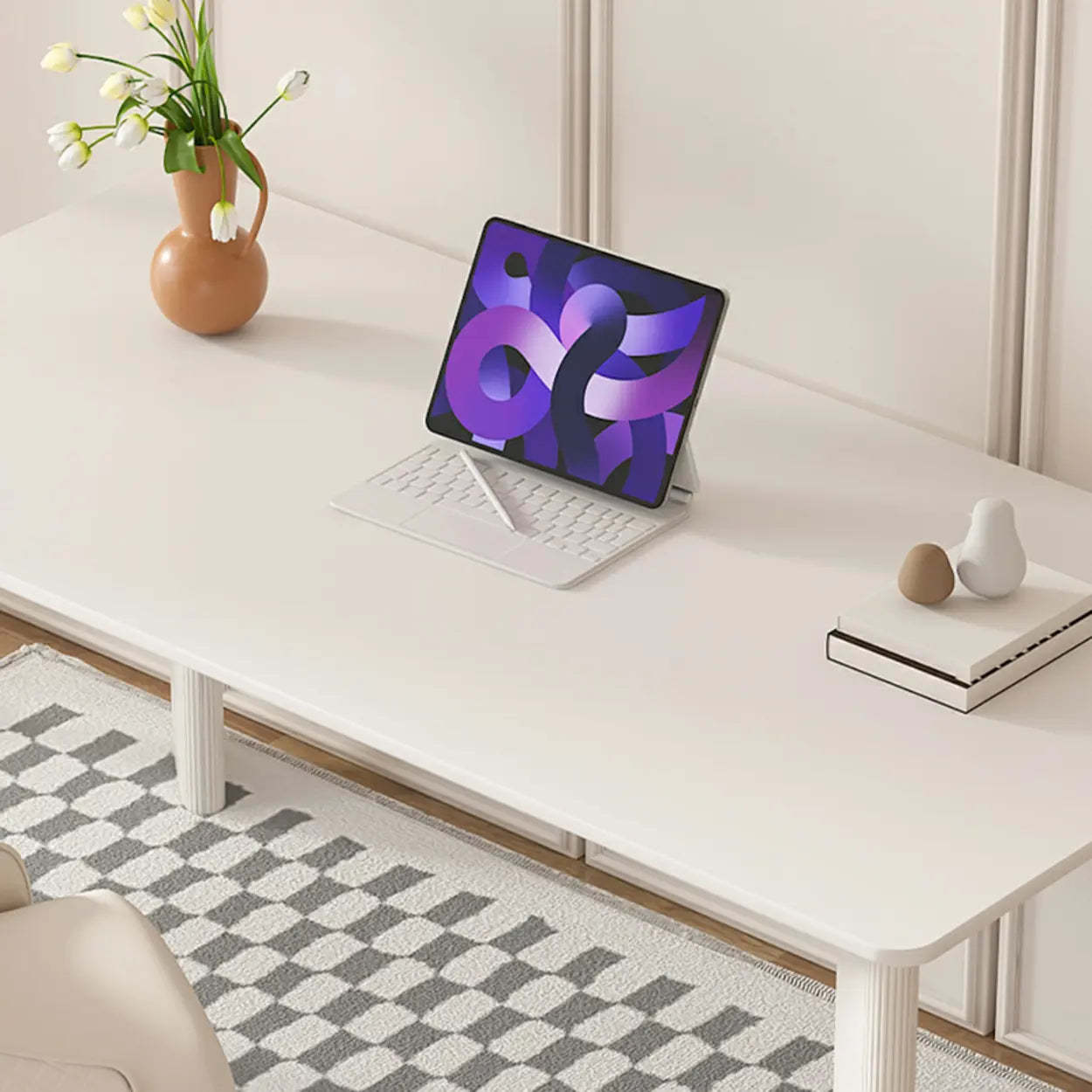 Minimalist White Stone Rectangular Computer Desk — White-Gold / Without Chairs